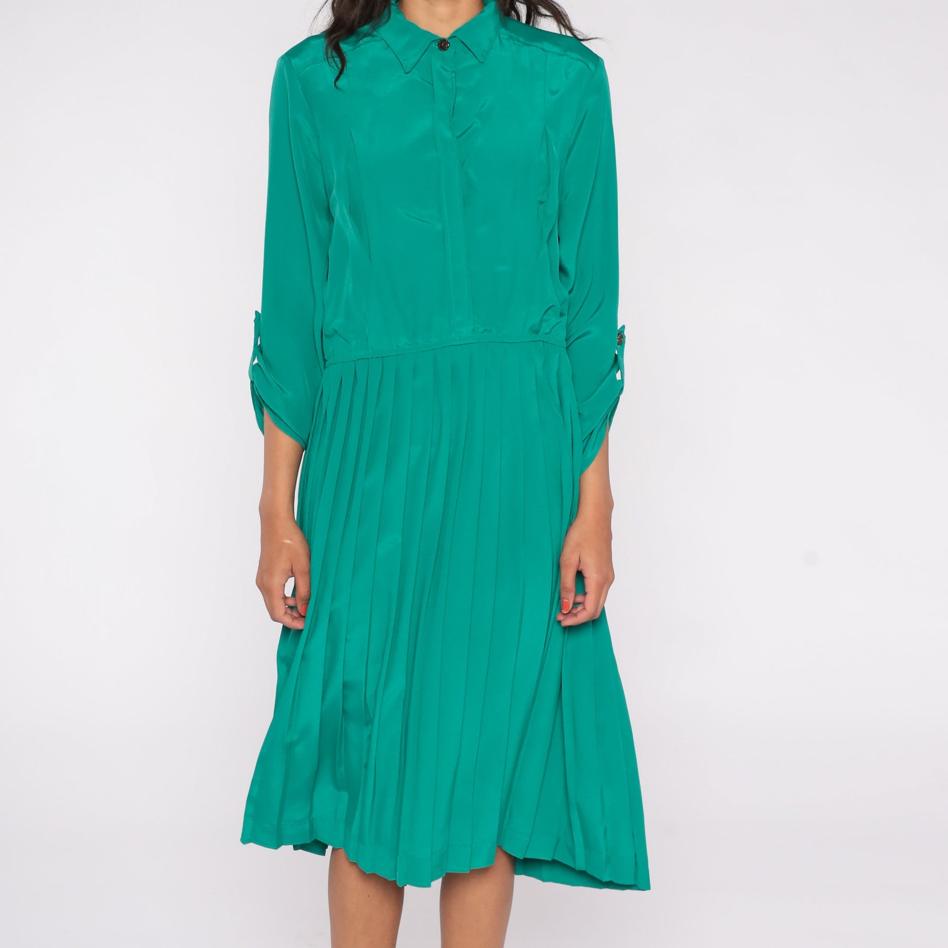 80s Green Satin Shirtdress Pleated High Waist Button-Up Midi Large
