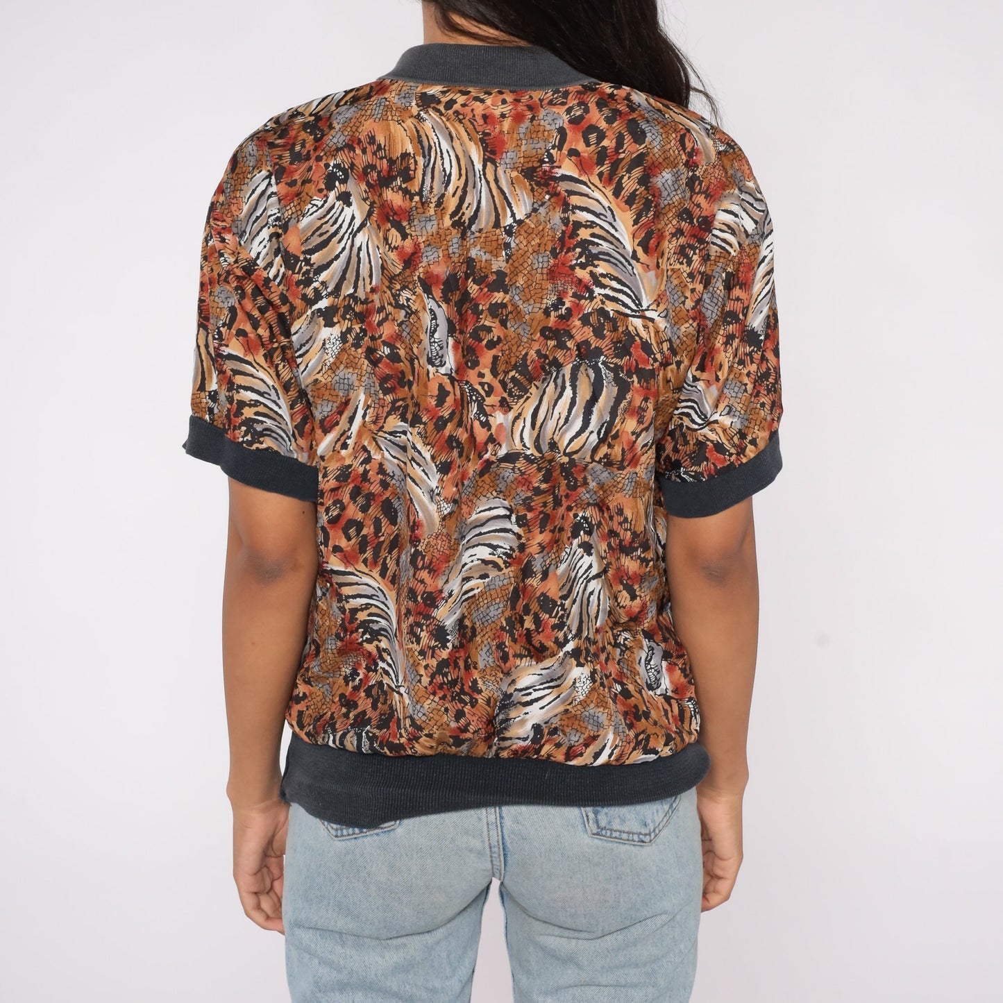 90s Leopard Tiger Print Polo Shirt Slouchy Collared Top Medium