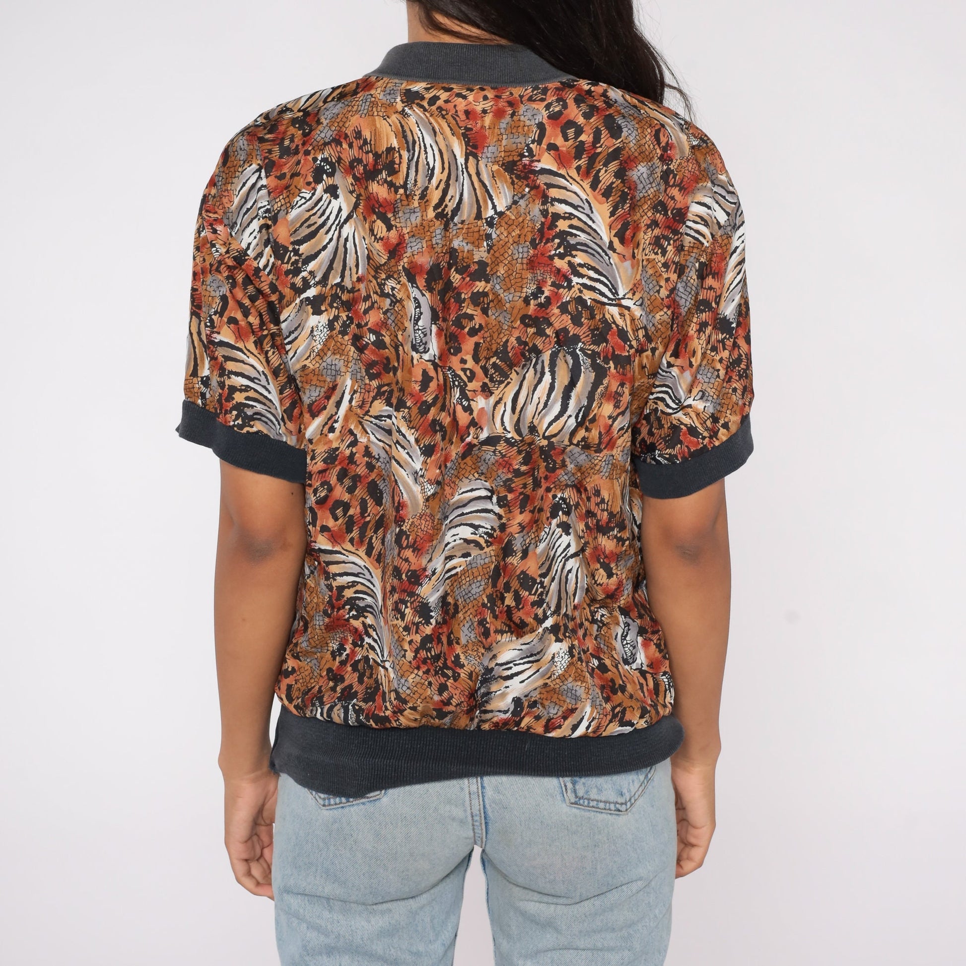 90s Leopard Tiger Print Polo Shirt Slouchy Collared Top Medium