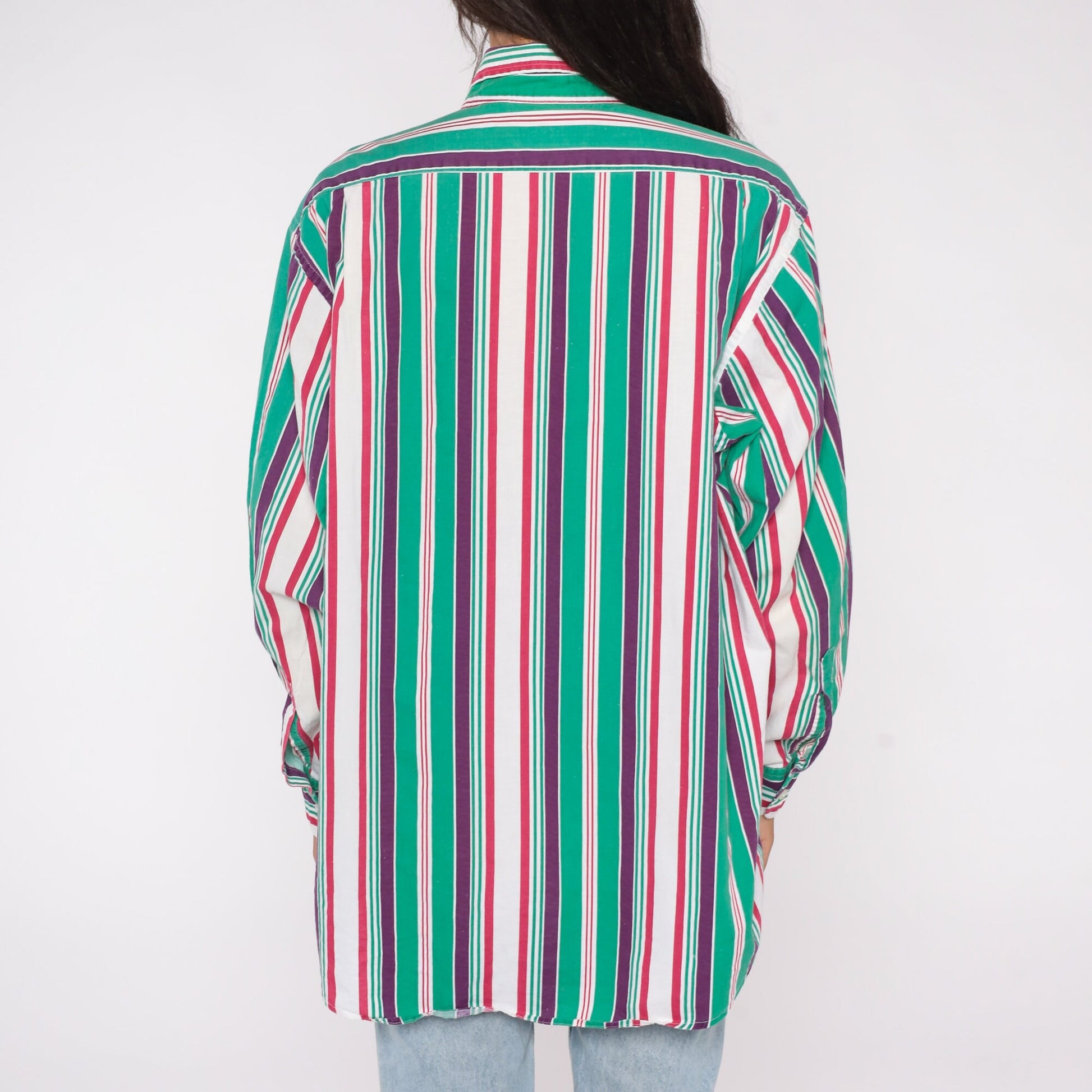 90s Sears Roebuck Striped Cotton Button-Up Shirt Green Purple Extra Large