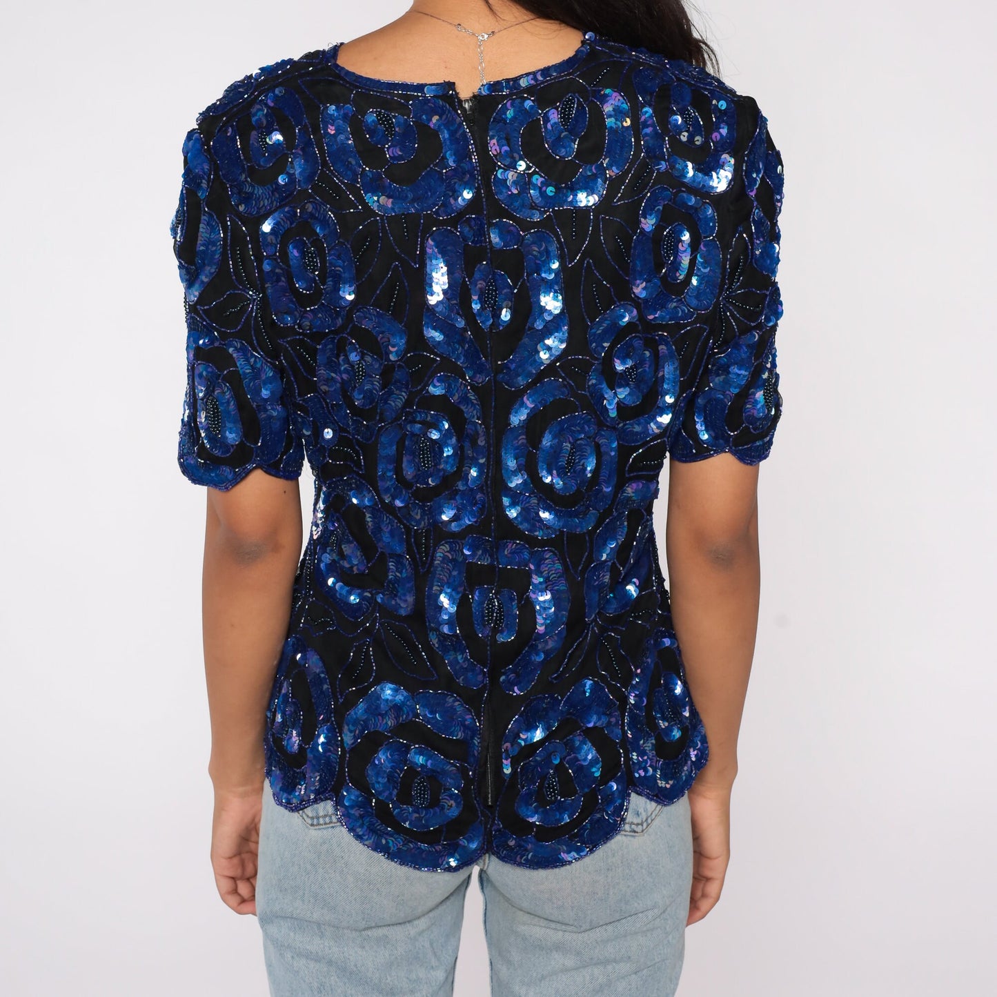 90s Black Silk Sequin Blouse Floral Beaded Short Sleeve Medium M