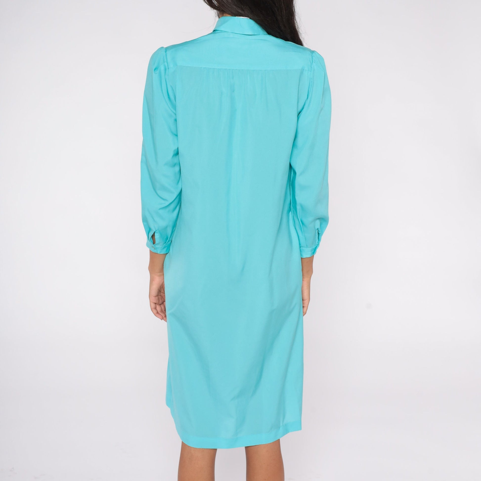 80s Spiegel Puff Sleeve Midi Shirtdress Turquoise Button-Up Medium 8
