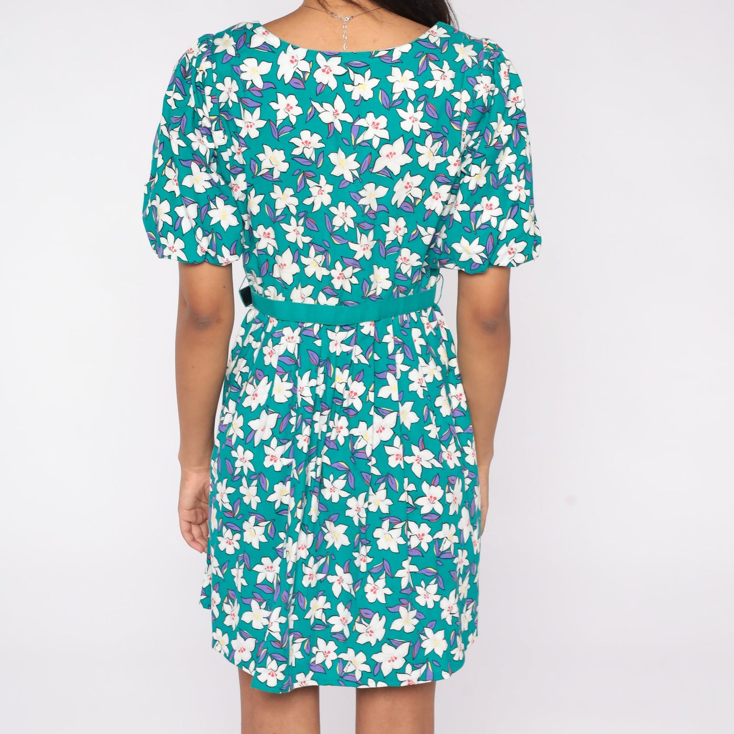 80s Petite by Willi Floral Mini Dress Teal Puff Sleeve Button-Up Small