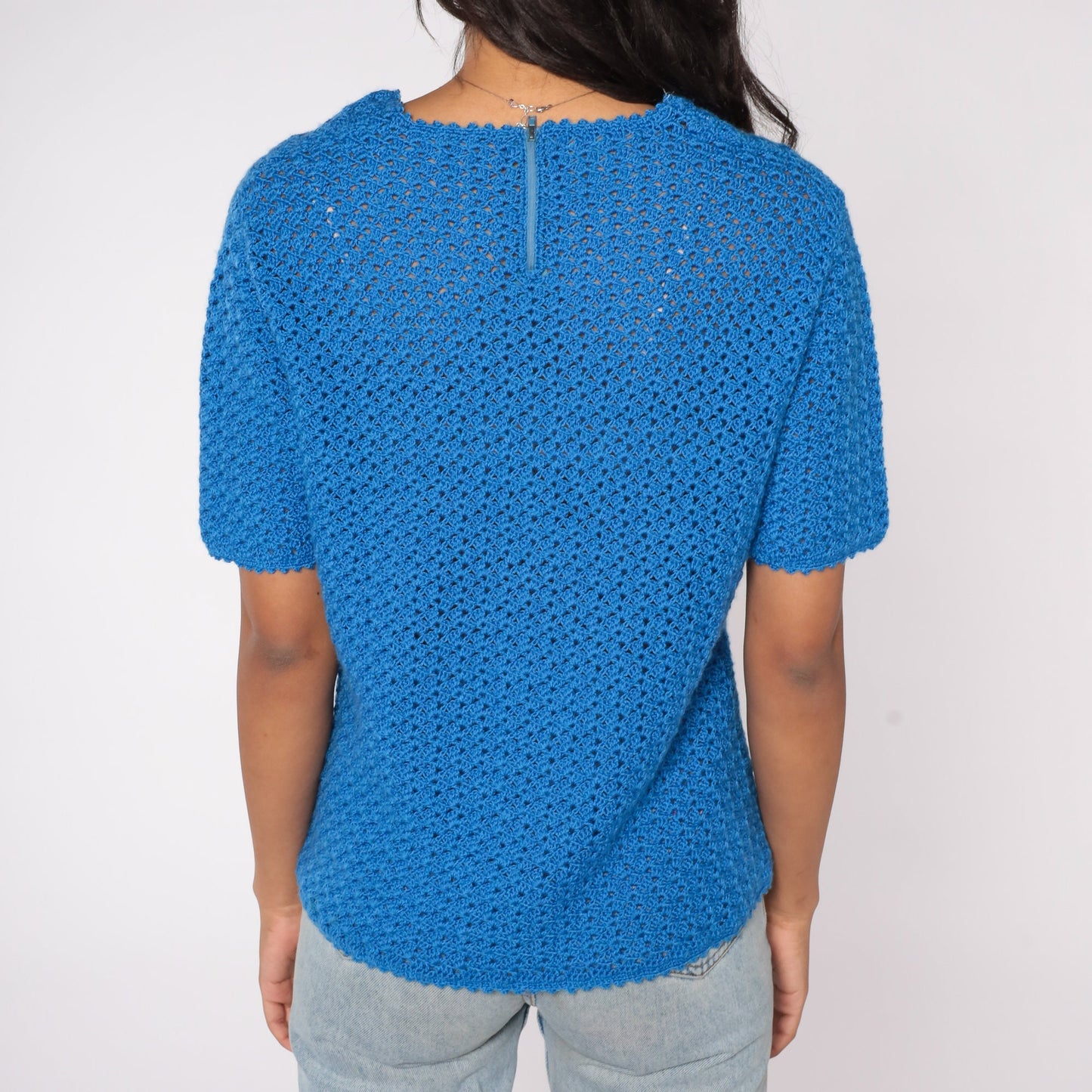 70s Blue Crochet Blouse Open Weave Short Sleeve Sheer Top Medium