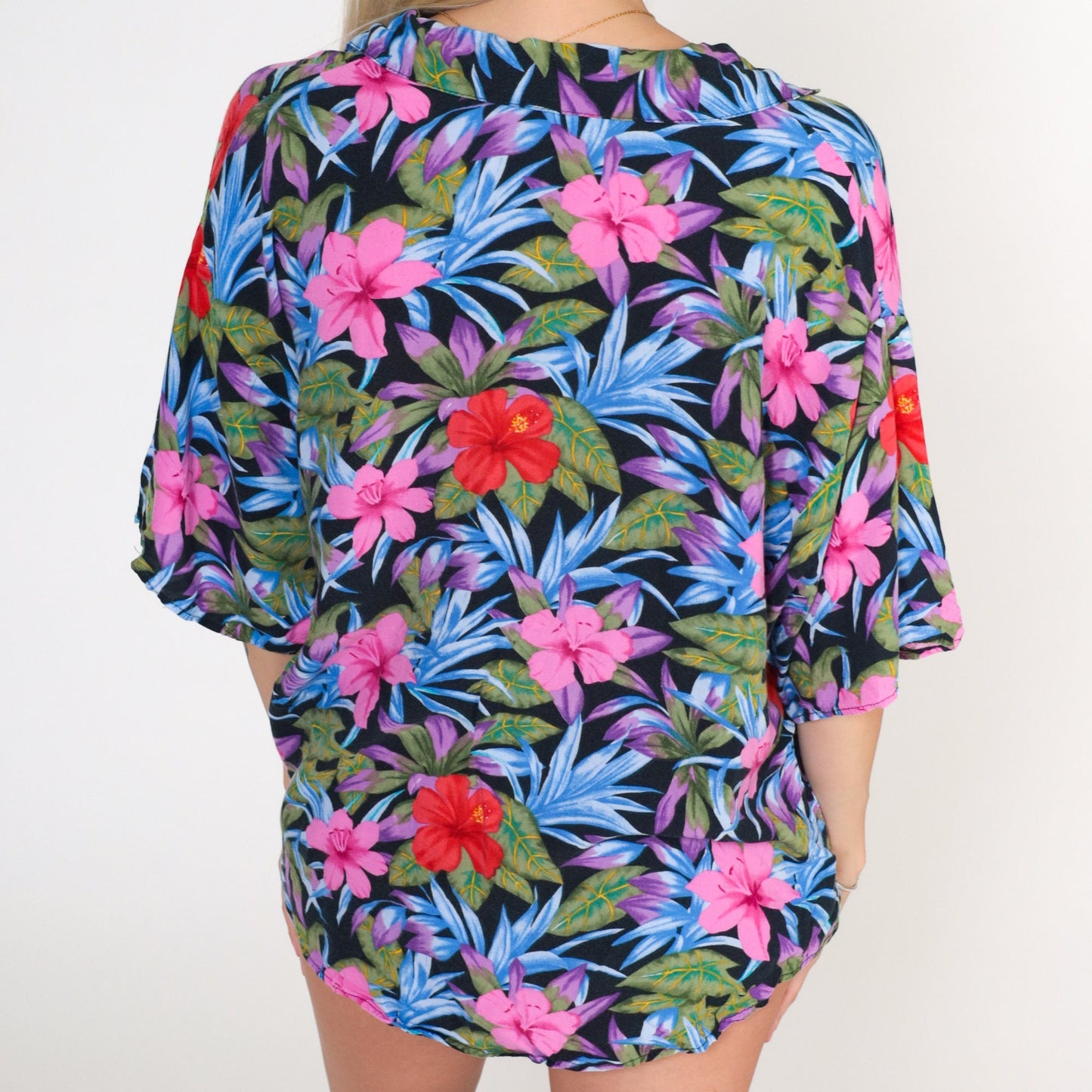 90s Caribou Tropical Hibiscus Button-Up Blouse Black Pink Red Extra Large