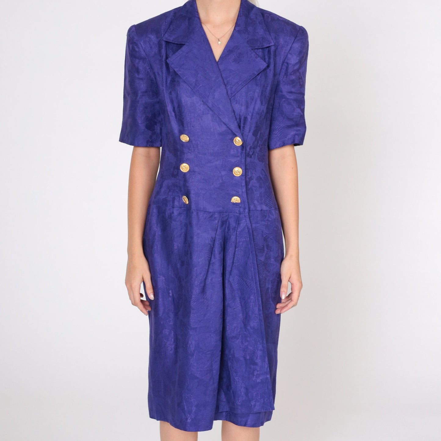 80s Albert Nipon Purple Linen Midi Dress Embossed Floral Wrap Button-Up Puff Sleeve Medium 8