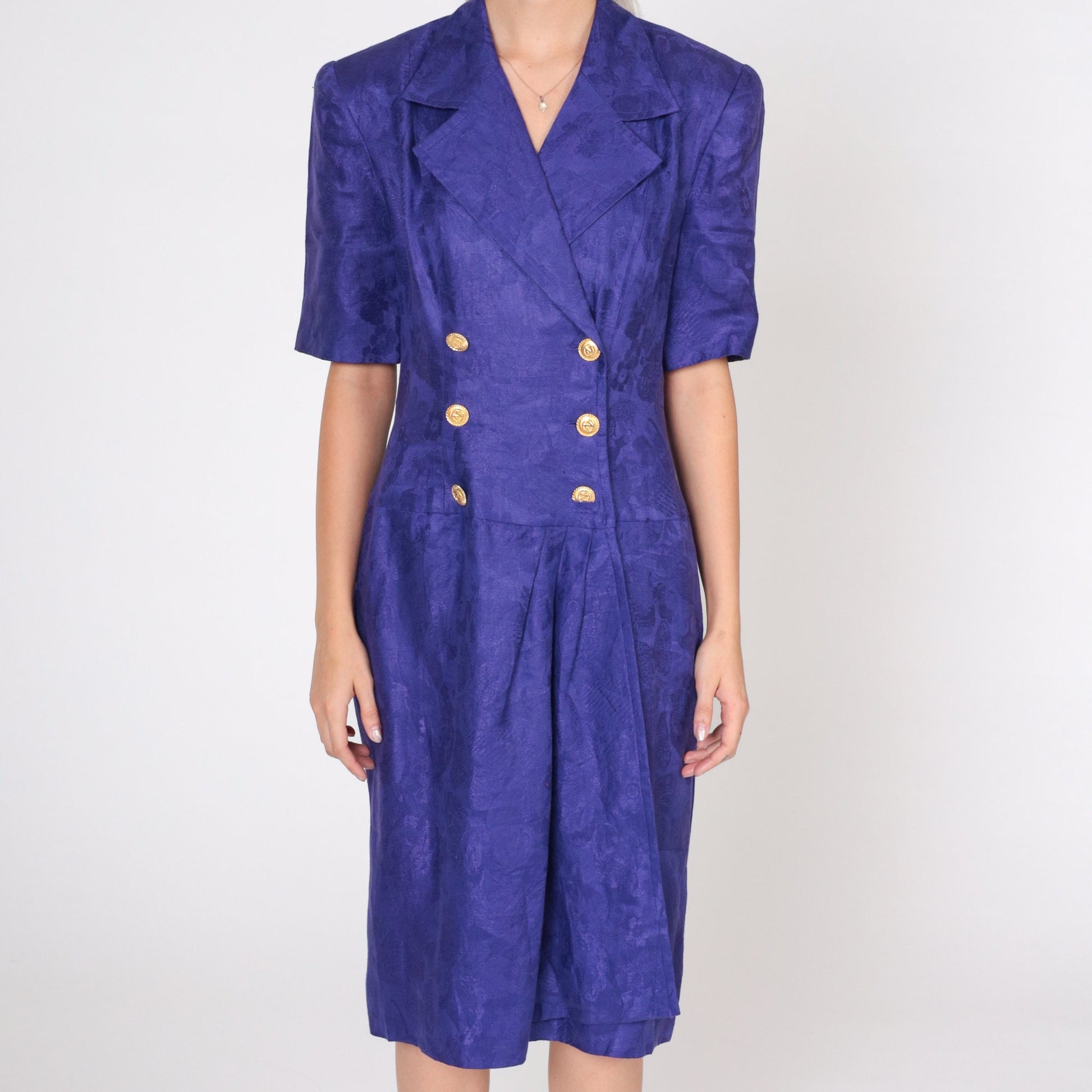 80s Albert Nipon Purple Linen Midi Dress Embossed Floral Wrap Button-Up Puff Sleeve Medium 8