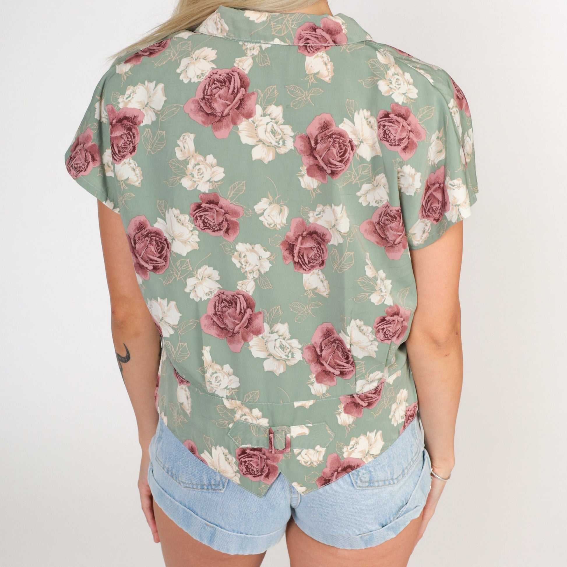 90s Floral Wrap Blouse Green Flower Print Button-Up Cap Sleeve Large