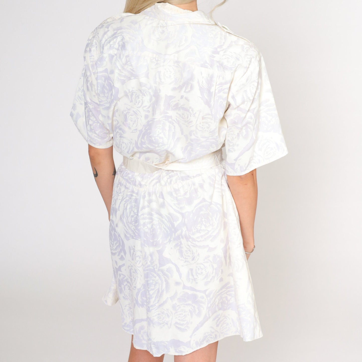 80s Floral Mini Shirtdress Cream White High Waisted Button Up Cotton Medium