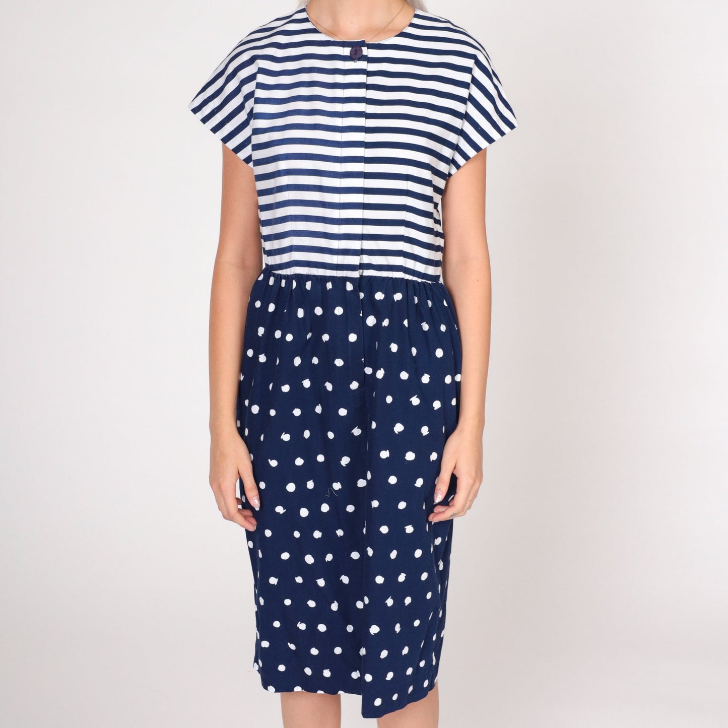 80s California Girl Petites Day Dress Blue White Striped Polka Dot Knee Length Small