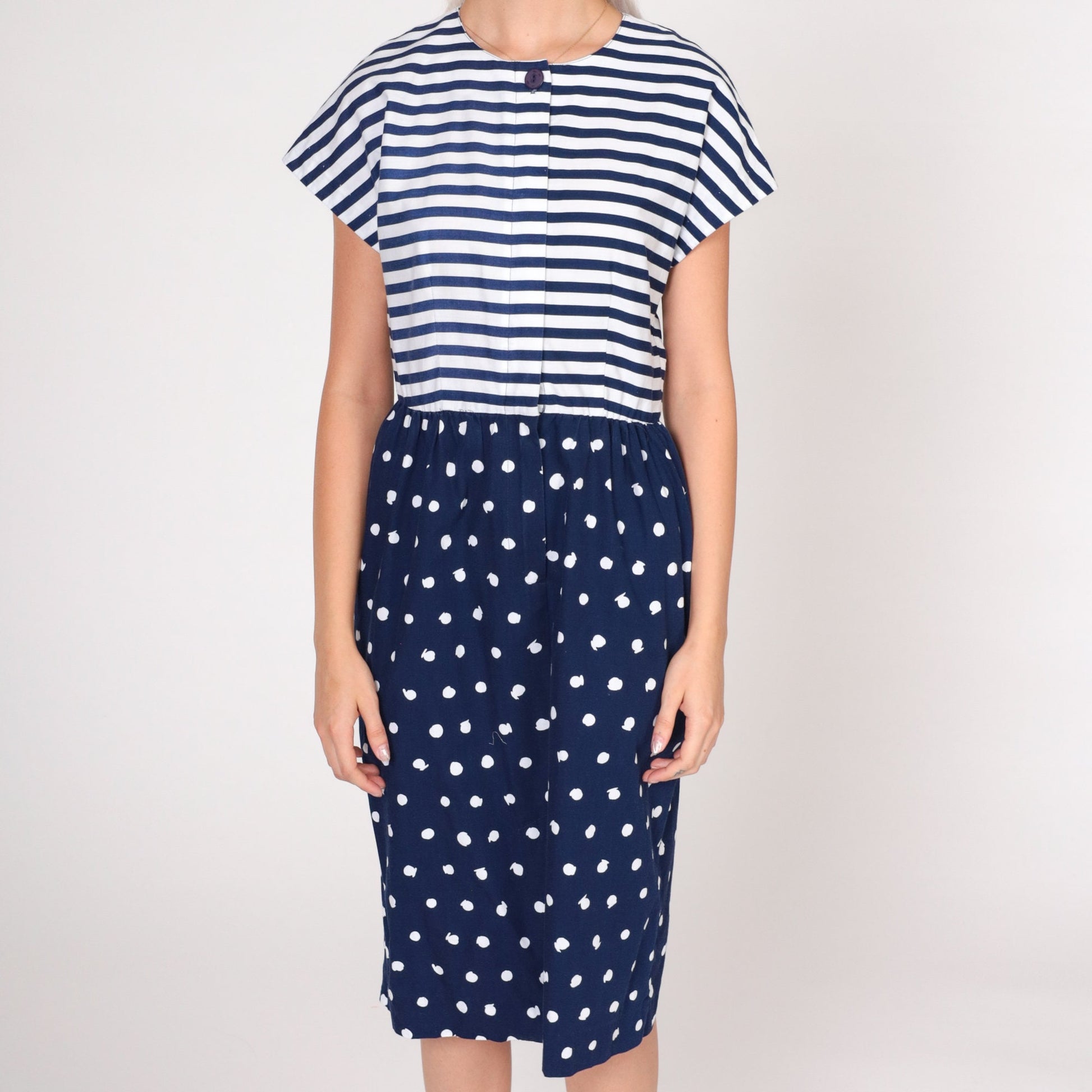 80s California Girl Petites Day Dress Blue White Striped Polka Dot Knee Length Small