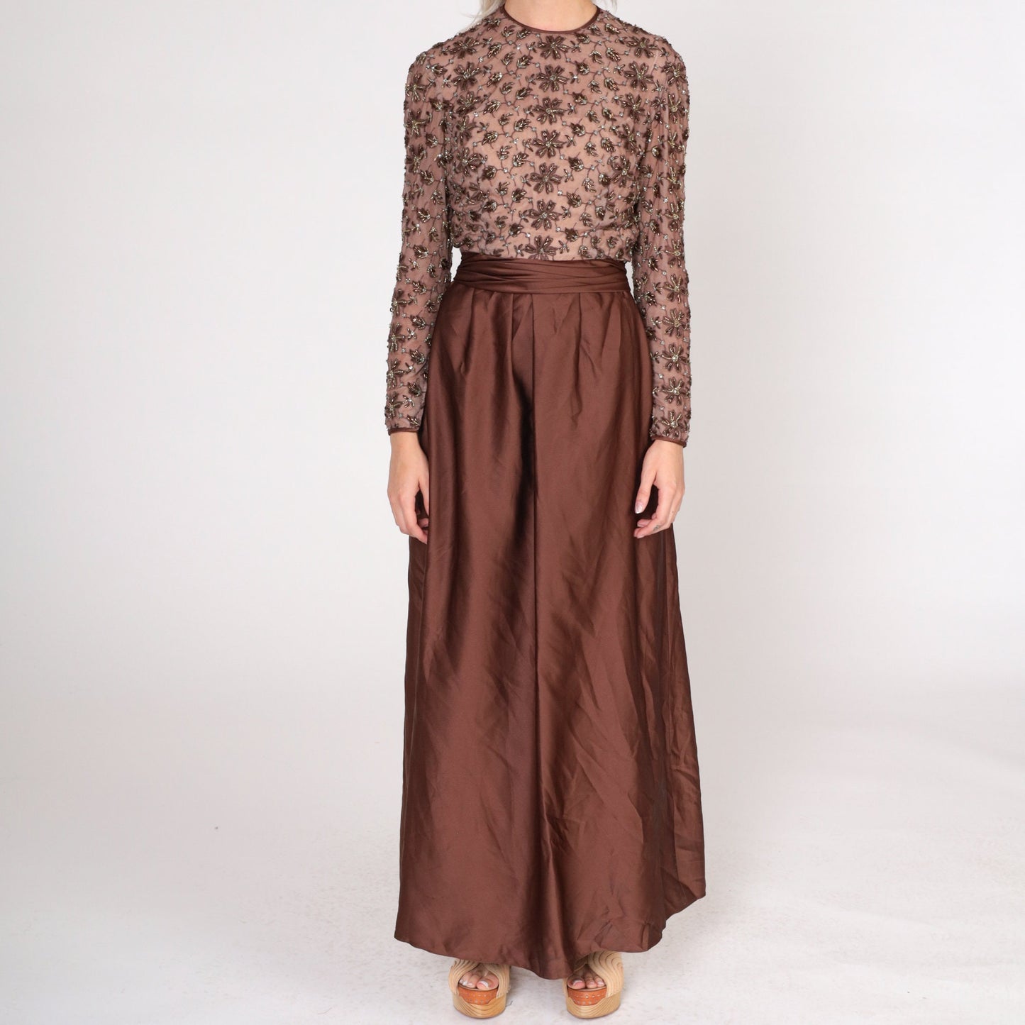 1960s Brown Beaded Floral Maxi Dress Long Sleeve High Waist Small