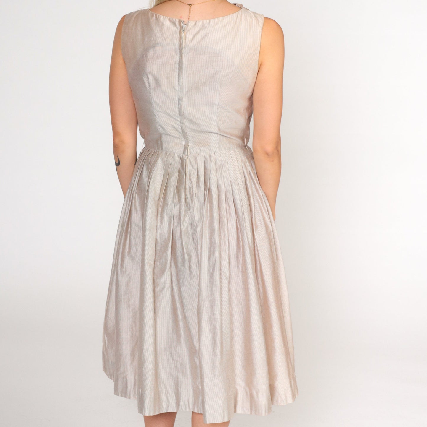 60s Frolic Time Pinstriped Pleated Midi Dress High Waist White Brown Small