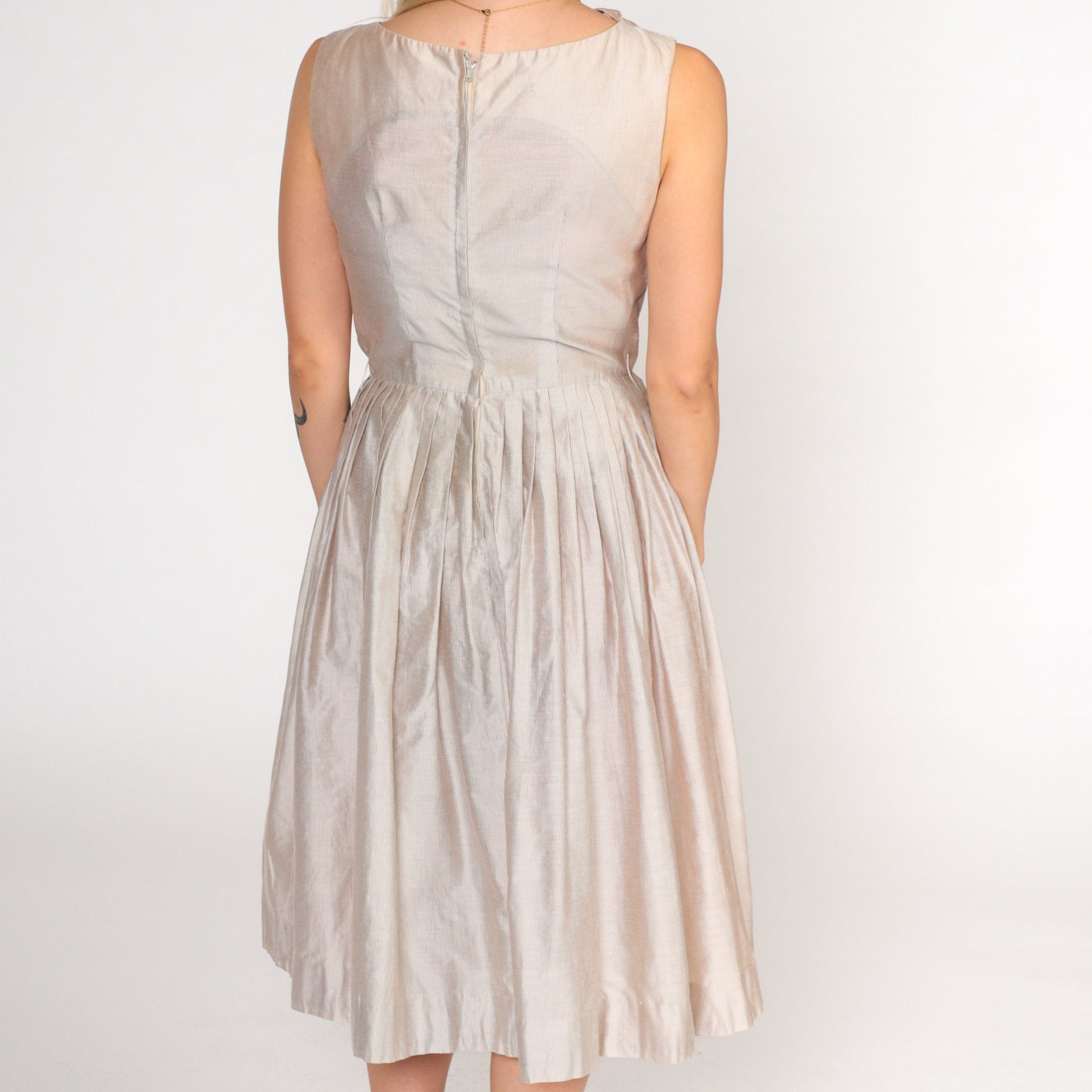 60s Frolic Time Pinstriped Pleated Midi Dress High Waist White Brown Small