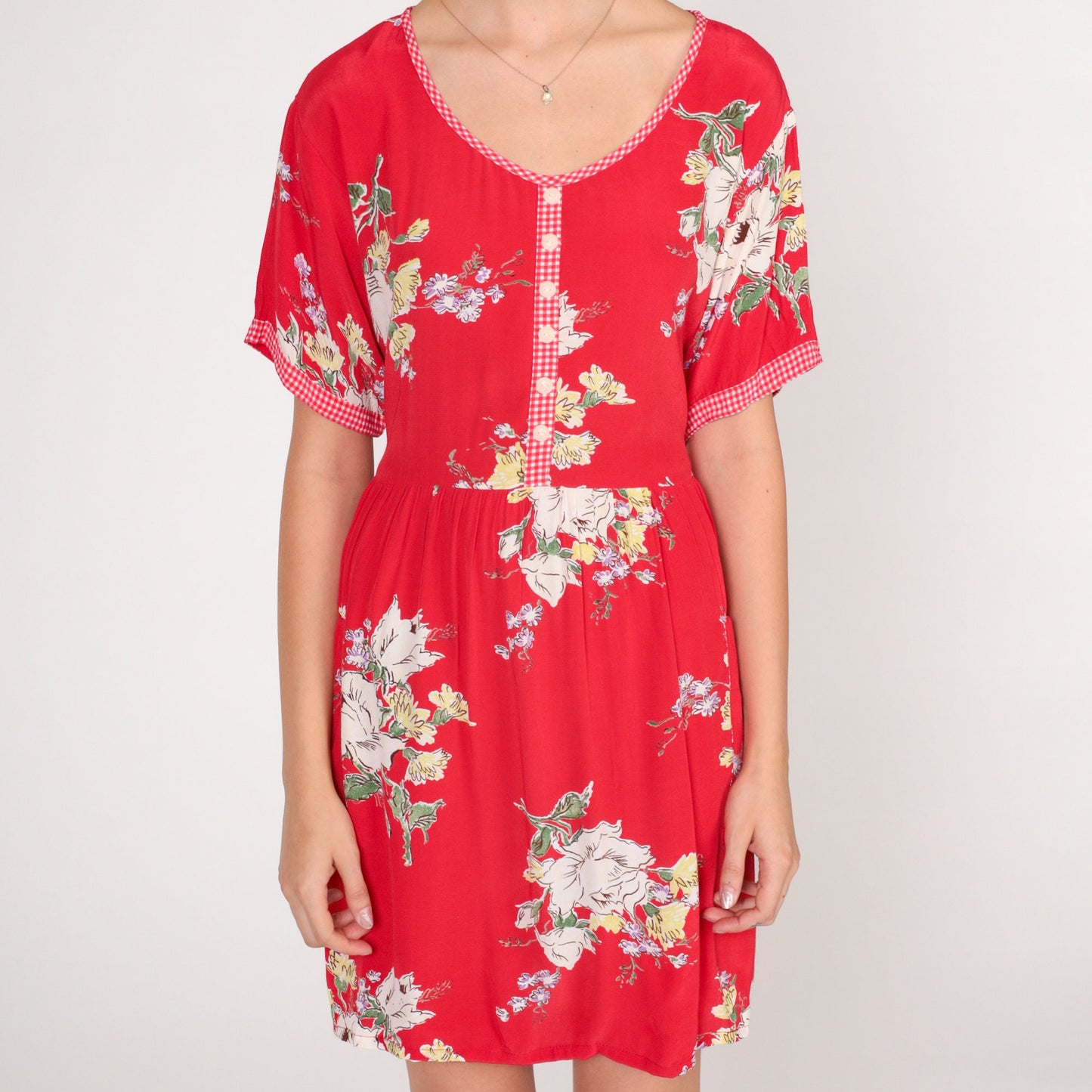 90s Red Floral Mini Dress High Waisted Gingham Trim Pockets Small