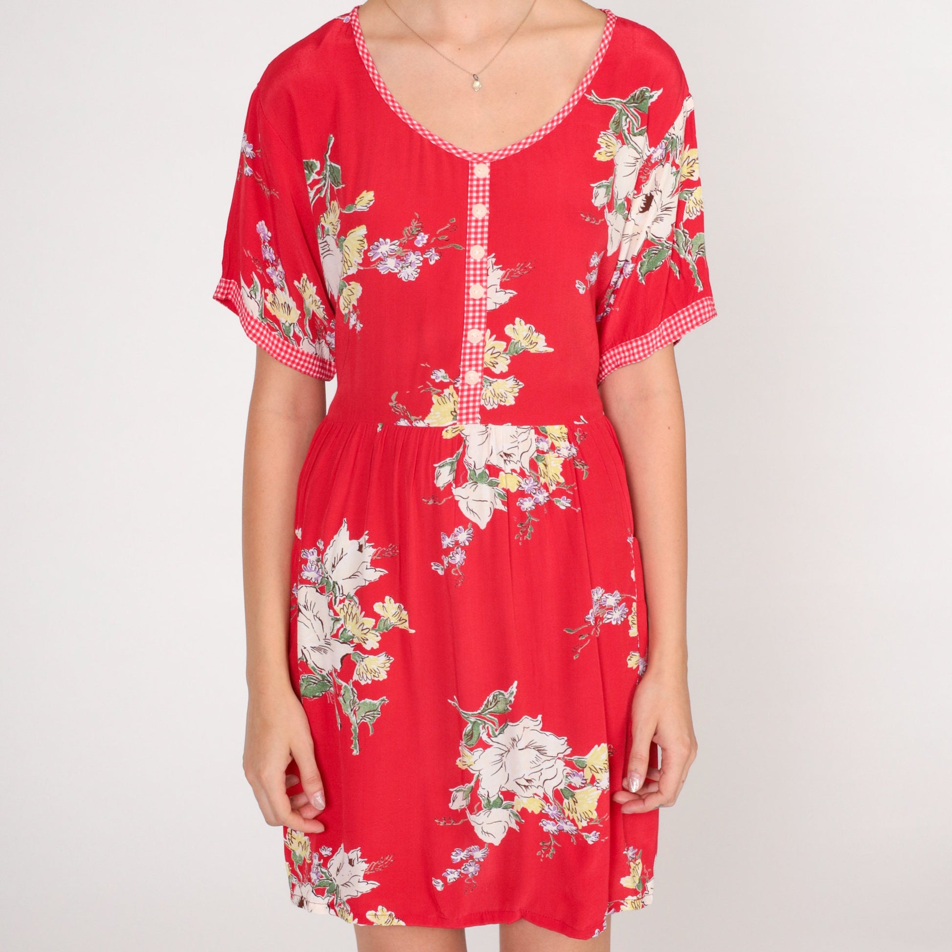90s Red Floral Mini Dress High Waisted Gingham Trim Pockets Small