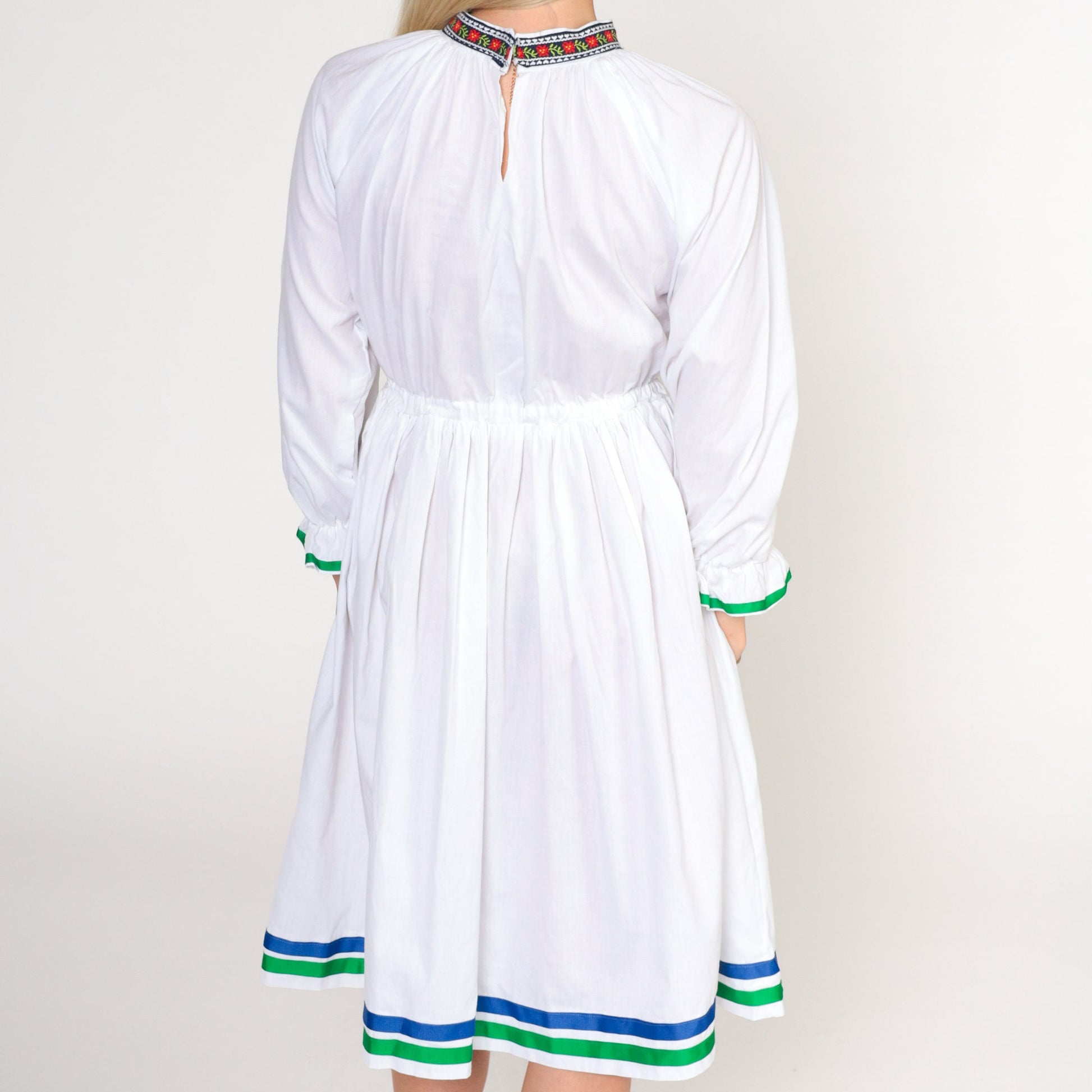 70s White Floral Midi Dress Raglan Sleeve High Waist Cotton Extra Small