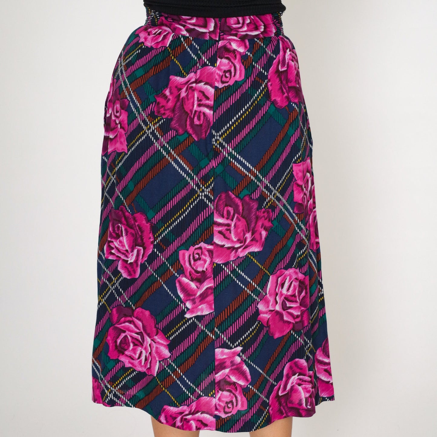 80s Plaid Floral Midi Skirt Purple Blue High Waist Pockets Small