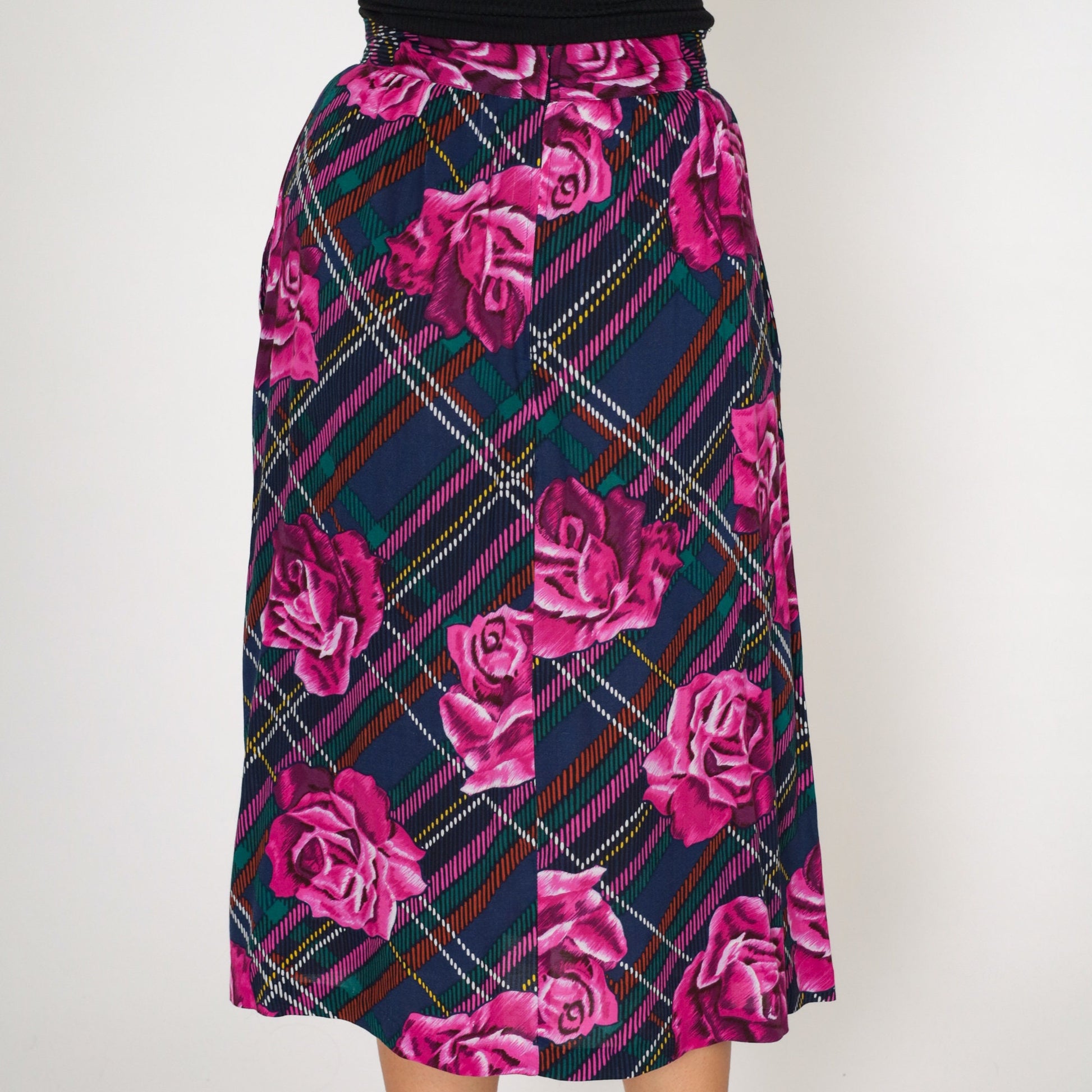 80s Plaid Floral Midi Skirt Purple Blue High Waist Pockets Small