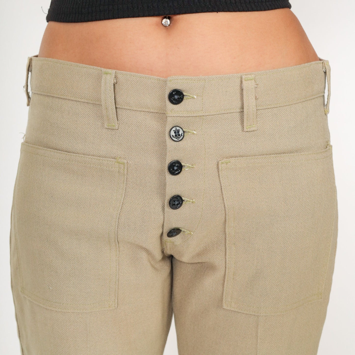 70s Tan Flared Trousers Exposed Button Fly Bell Bottom Mid Rise Medium