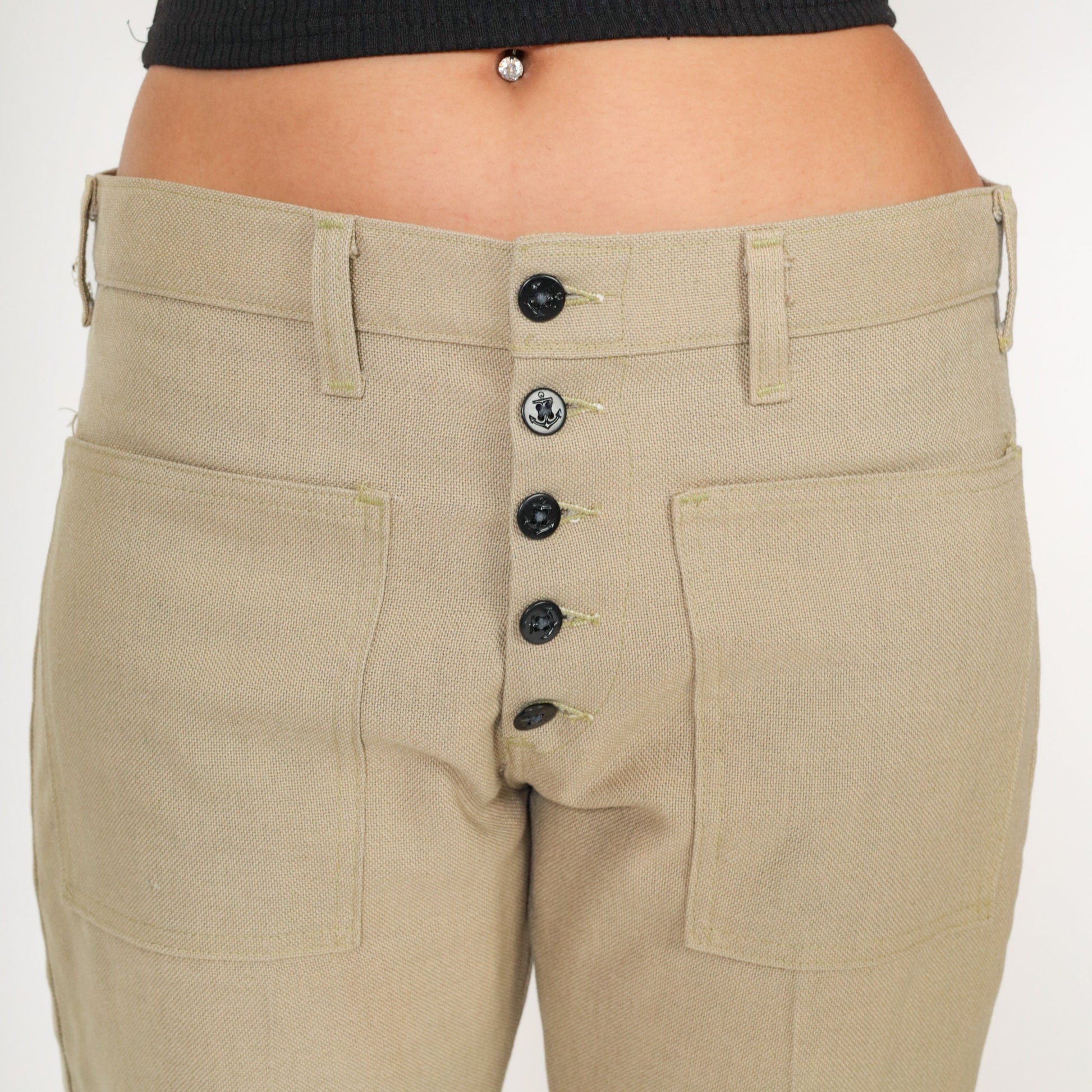 70s Tan Flared Trousers Exposed Button Fly Bell Bottom Mid Rise Medium