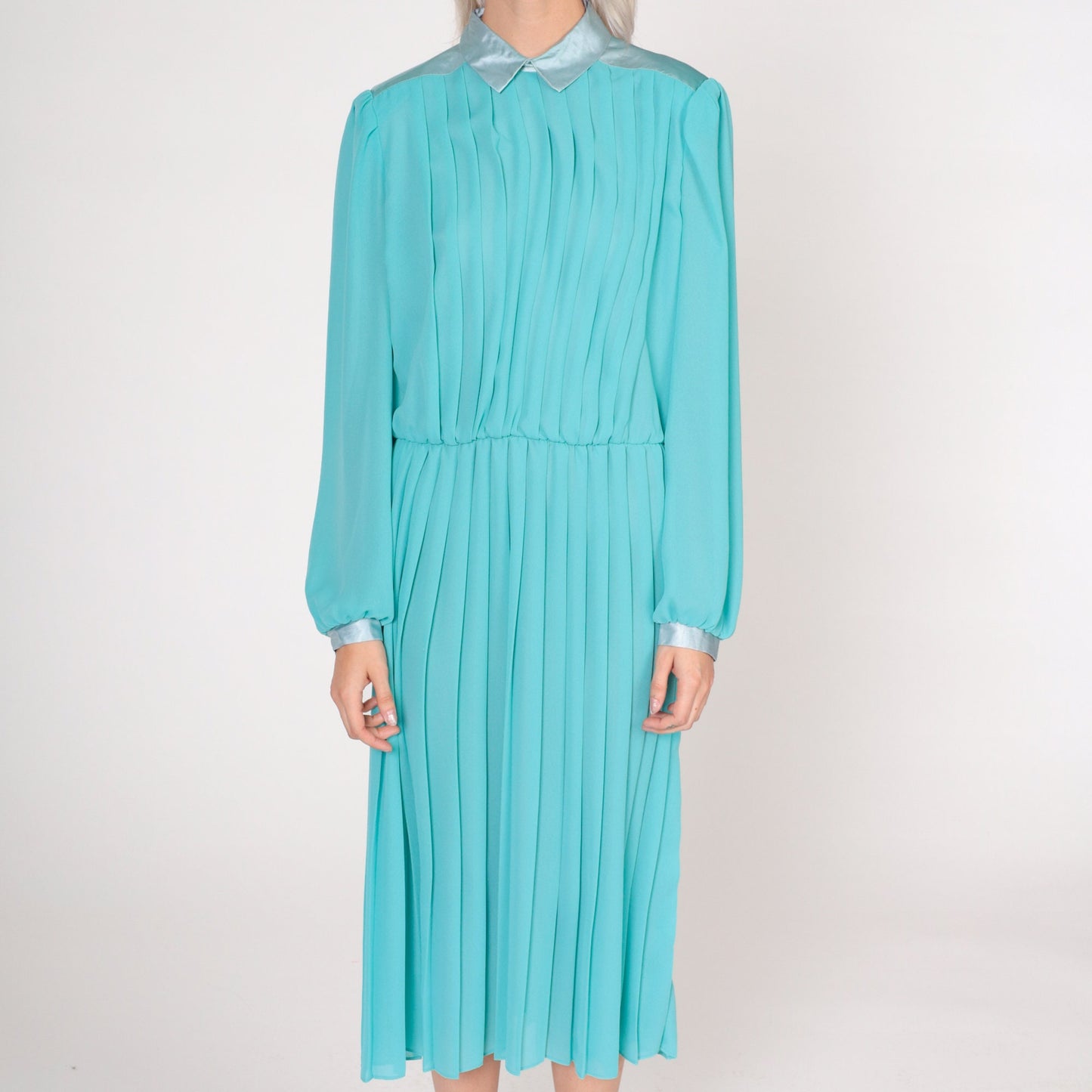 70s Aqua Blue Pleated Midi Dress Collared Puff Sleeve High Waisted Large L
