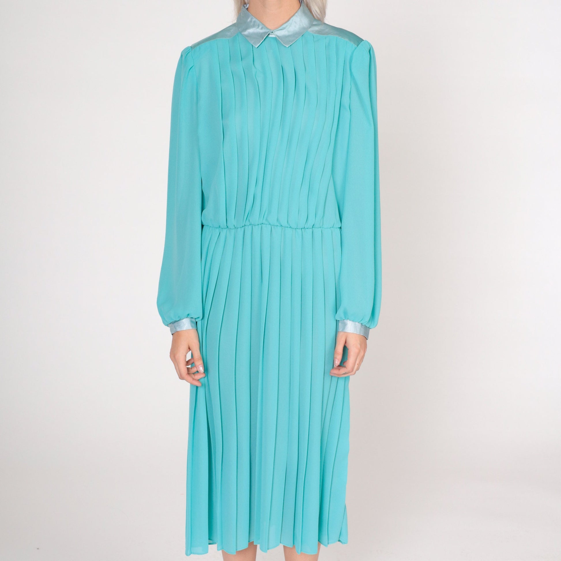 70s Aqua Blue Pleated Midi Dress Collared Puff Sleeve High Waisted Large L