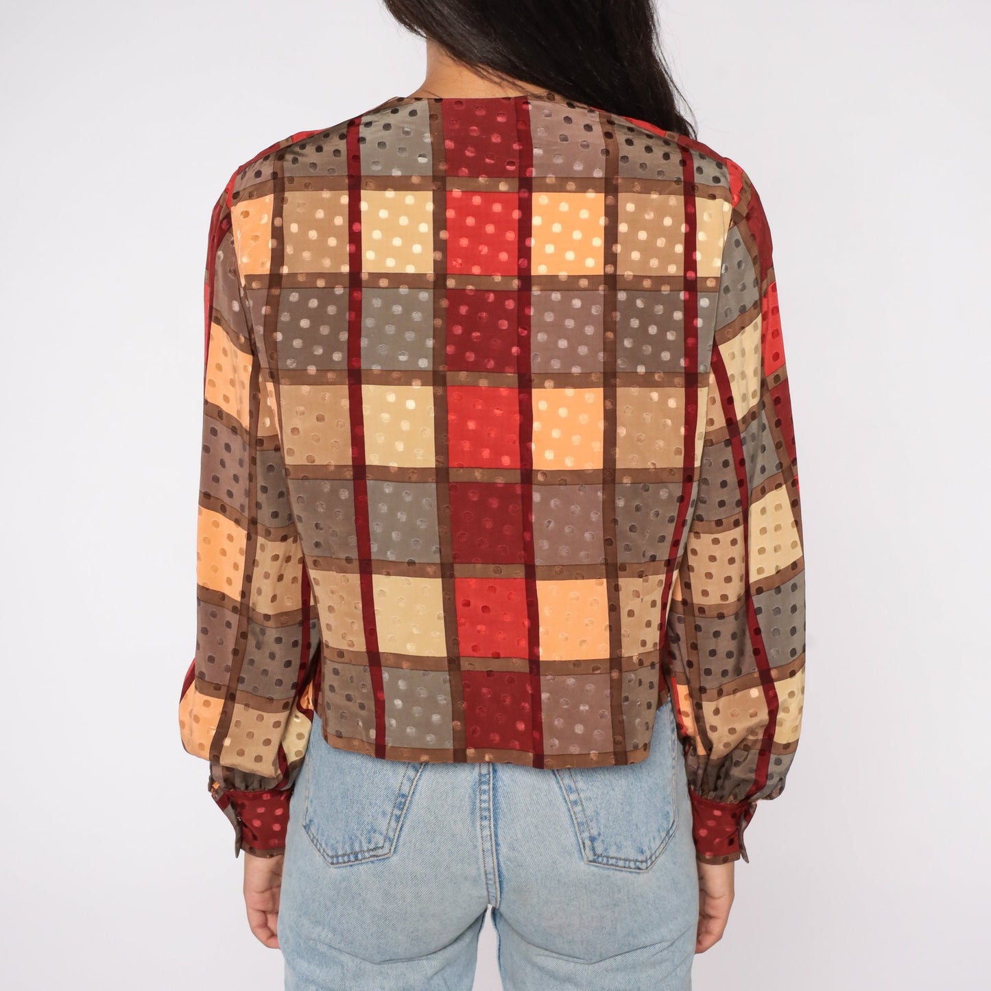 80s Checkered Hidden Button Blouse Long Sleeve Red Yellow Small S