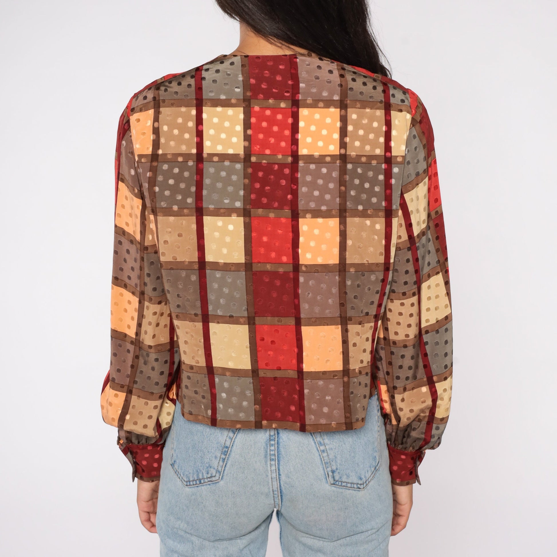 80s Checkered Hidden Button Blouse Long Sleeve Red Yellow Small S