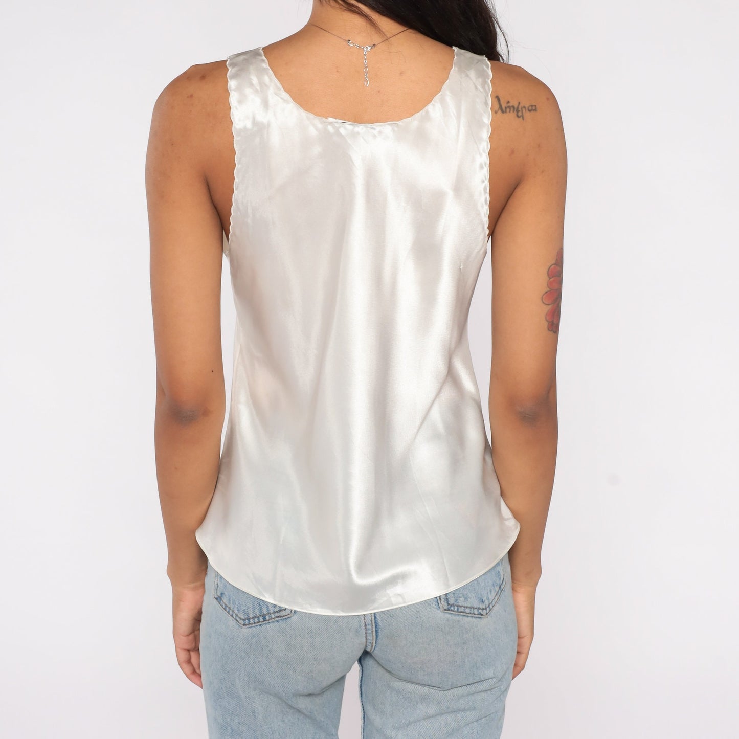 90s White Satin Cutout Tank Top Floral Embroidered Sleeveless Blouse Medium