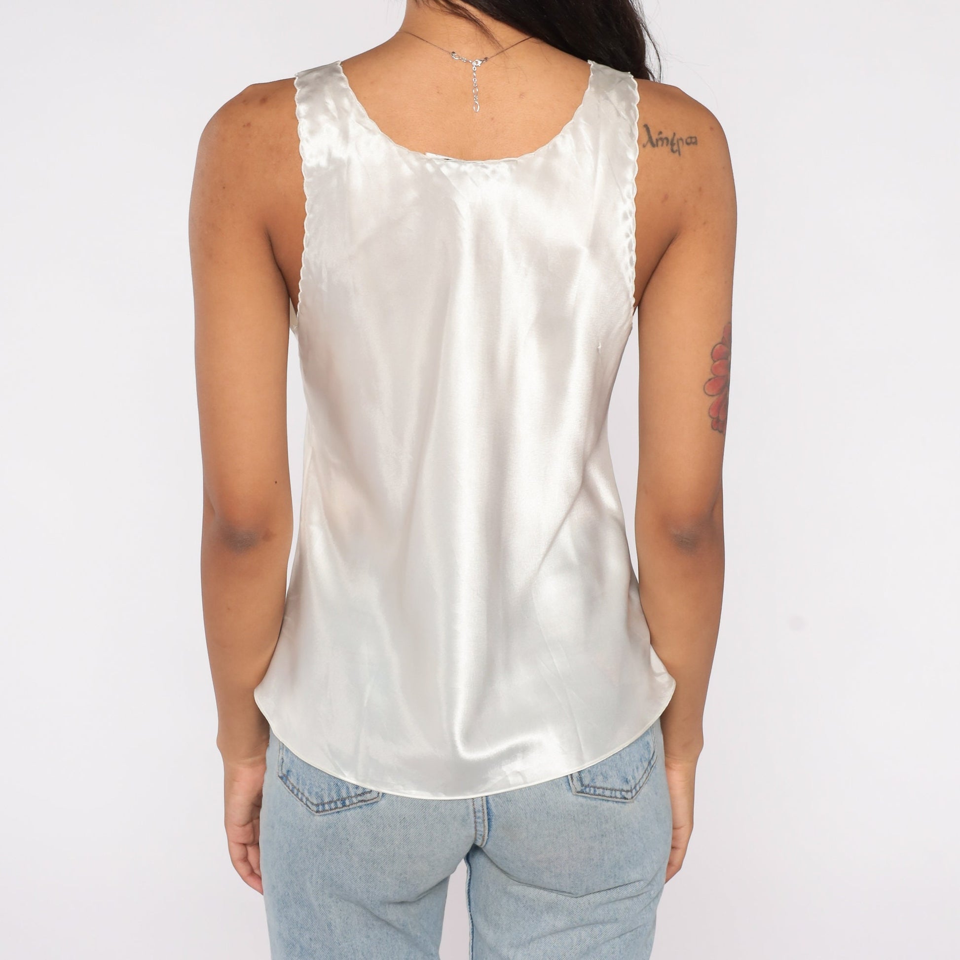 90s White Satin Cutout Tank Top Floral Embroidered Sleeveless Blouse Medium