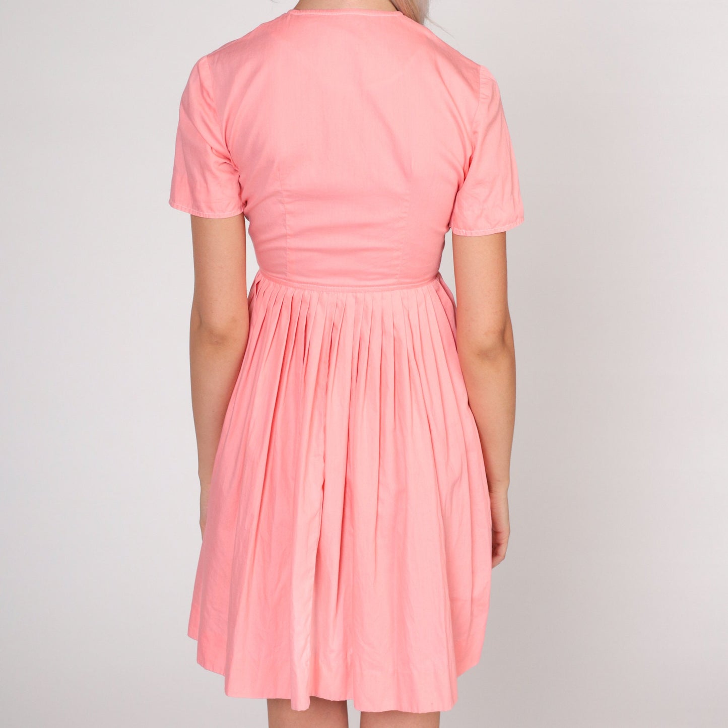1960s Pink Mini Dress White Embroidery Button-Up High Waist XXS