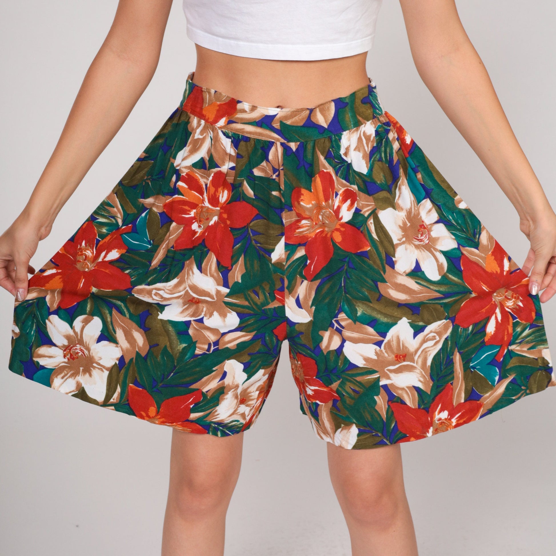 90s Tropical Floral Hibiscus Pleated High-Waist Shorts Rayon Medium M
