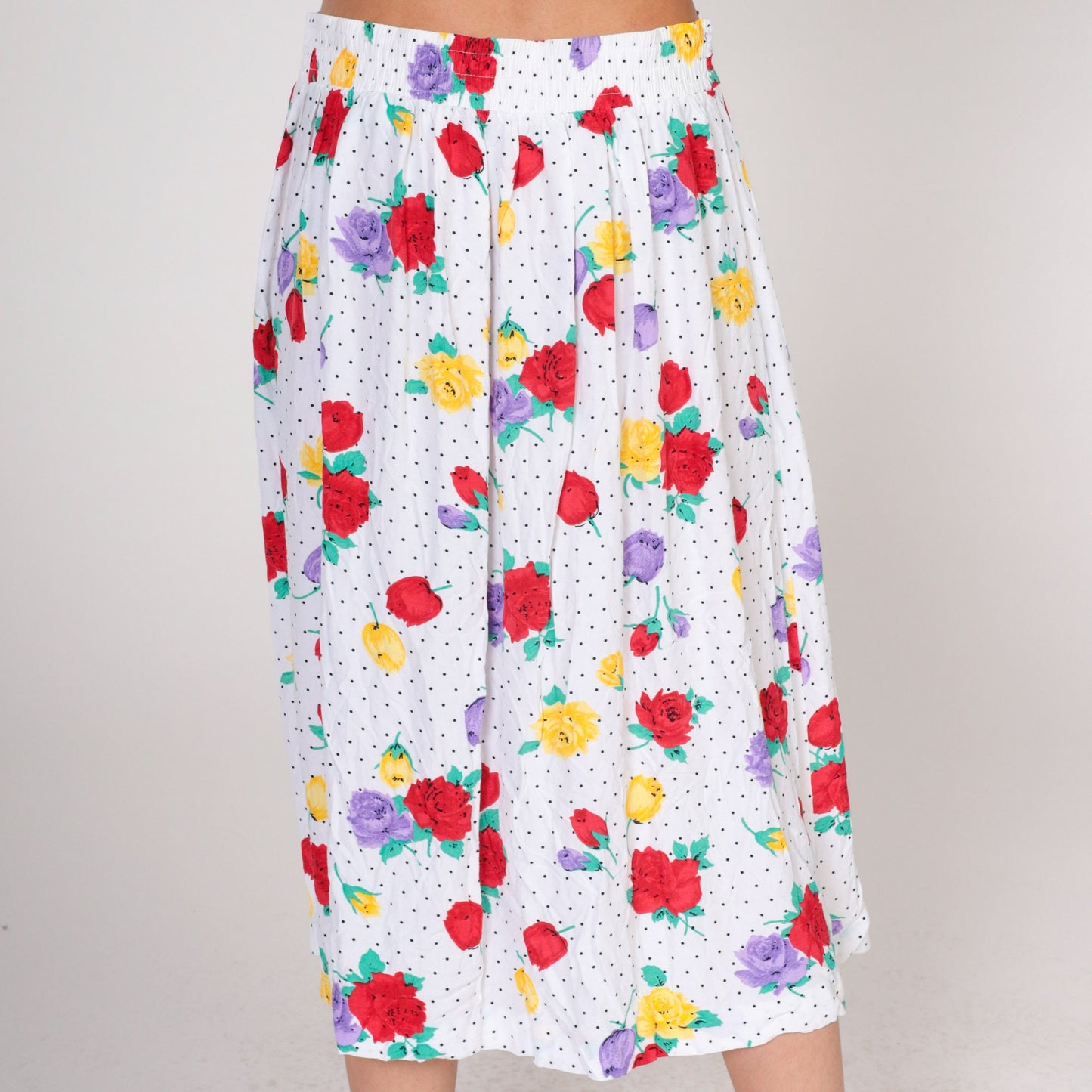 90s Polka Dot Floral Midi Skirt White Black Rose Print Elastic Waist Large