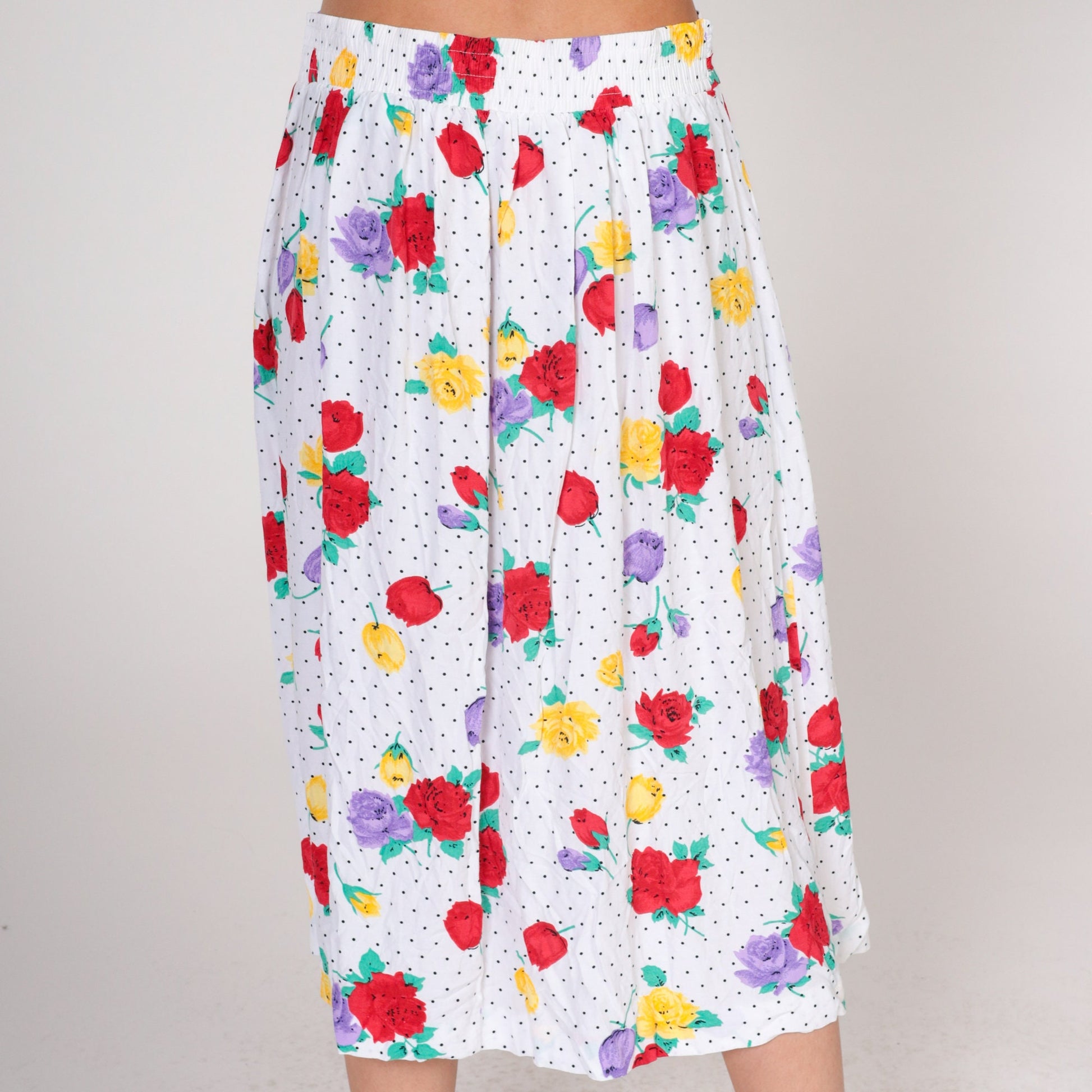 90s Polka Dot Floral Midi Skirt White Black Rose Print Elastic Waist Large