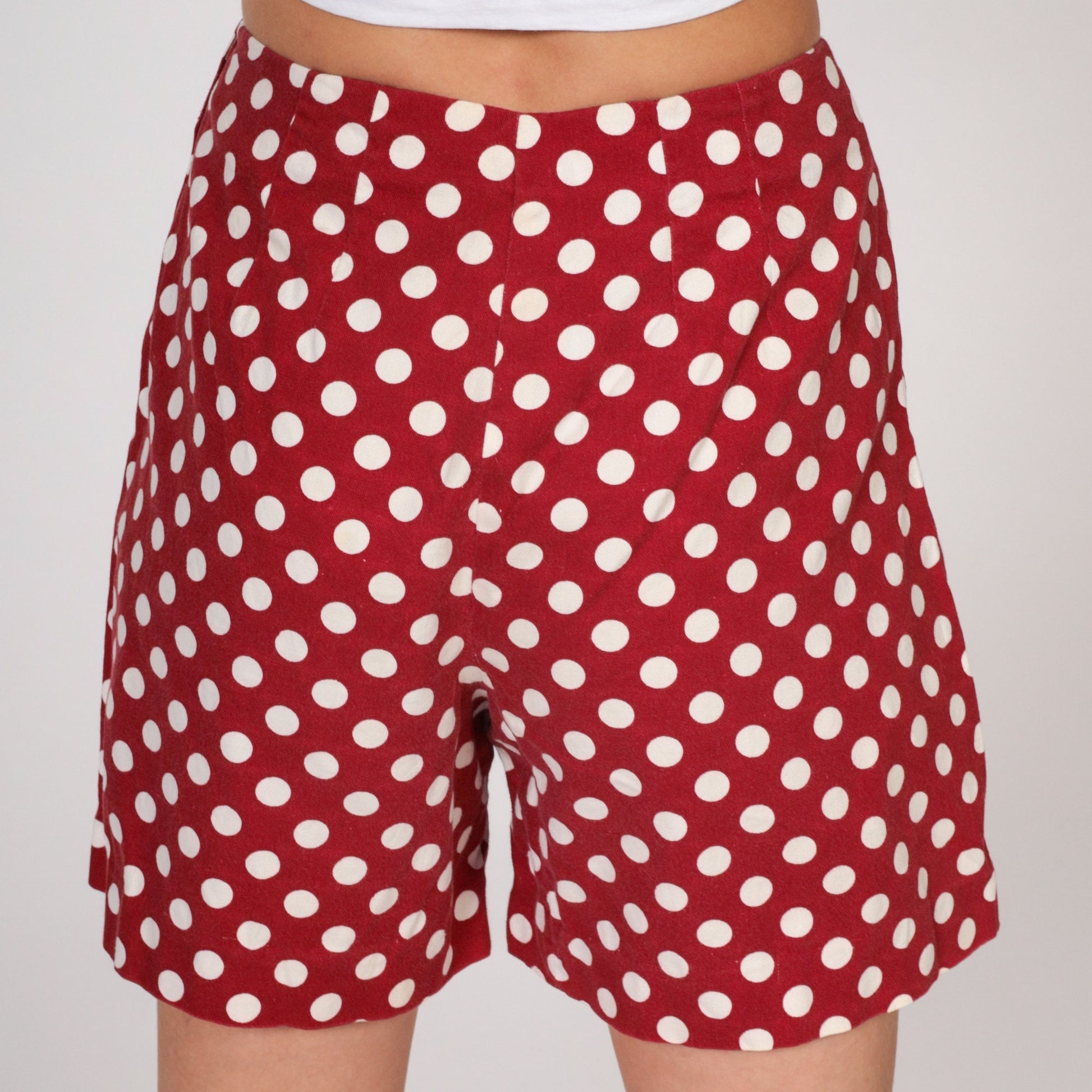 70s Red Polka Dot High-Waist Shorts White Cotton Knee-Length Extra Small