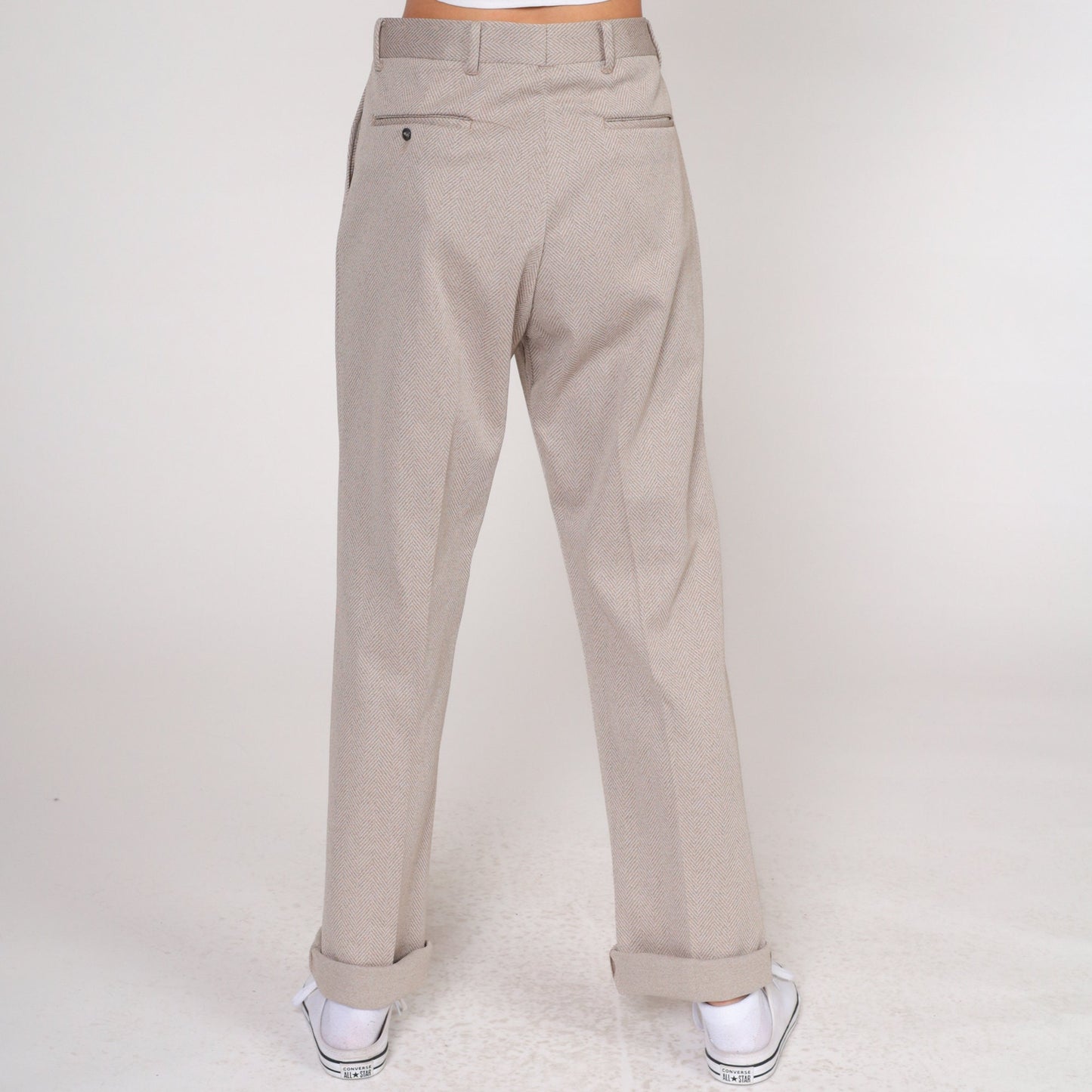 70s Herringbone High-Waisted Straight Trousers Sand Twill Cuffed Medium