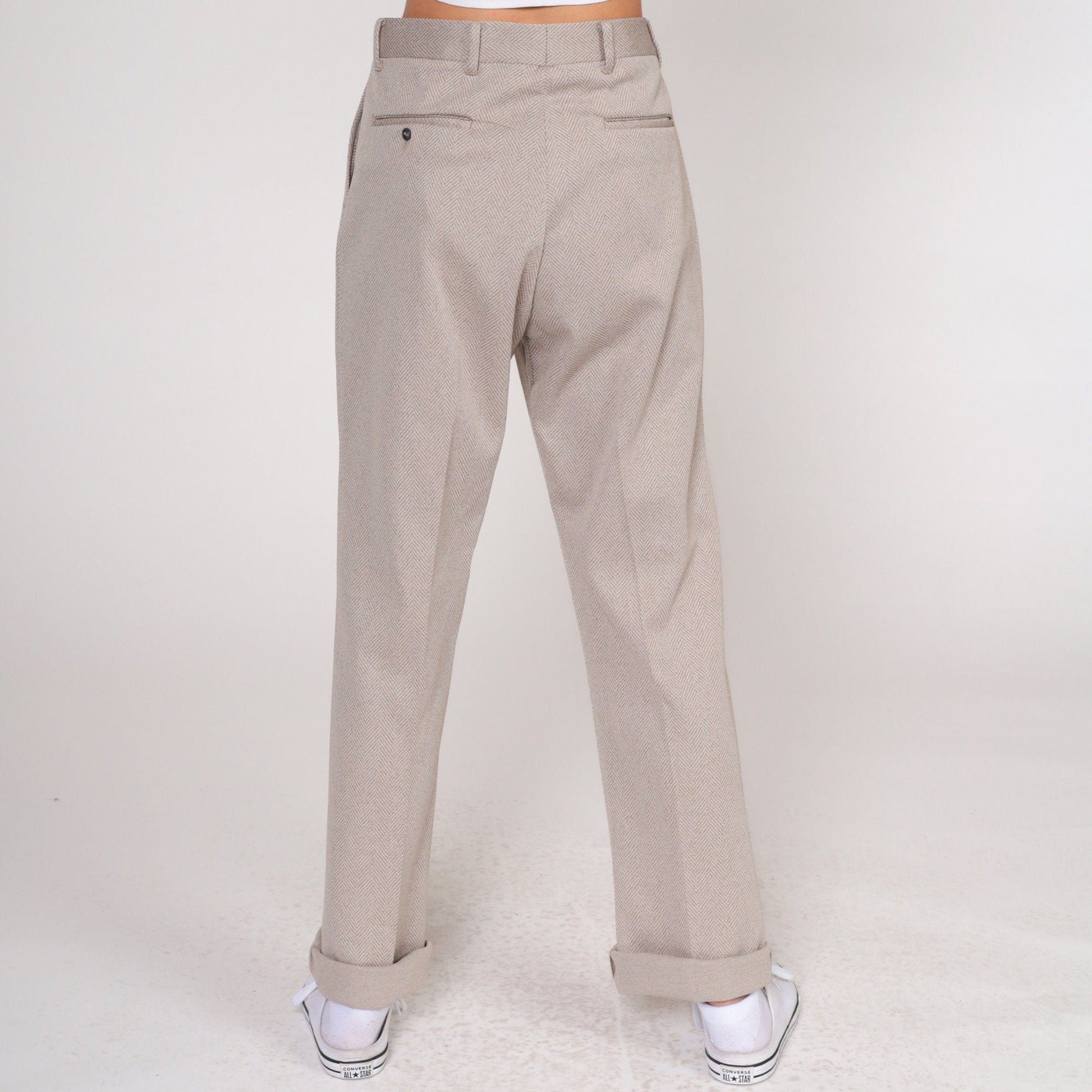70s Herringbone High-Waisted Straight Trousers Sand Twill Cuffed Medium