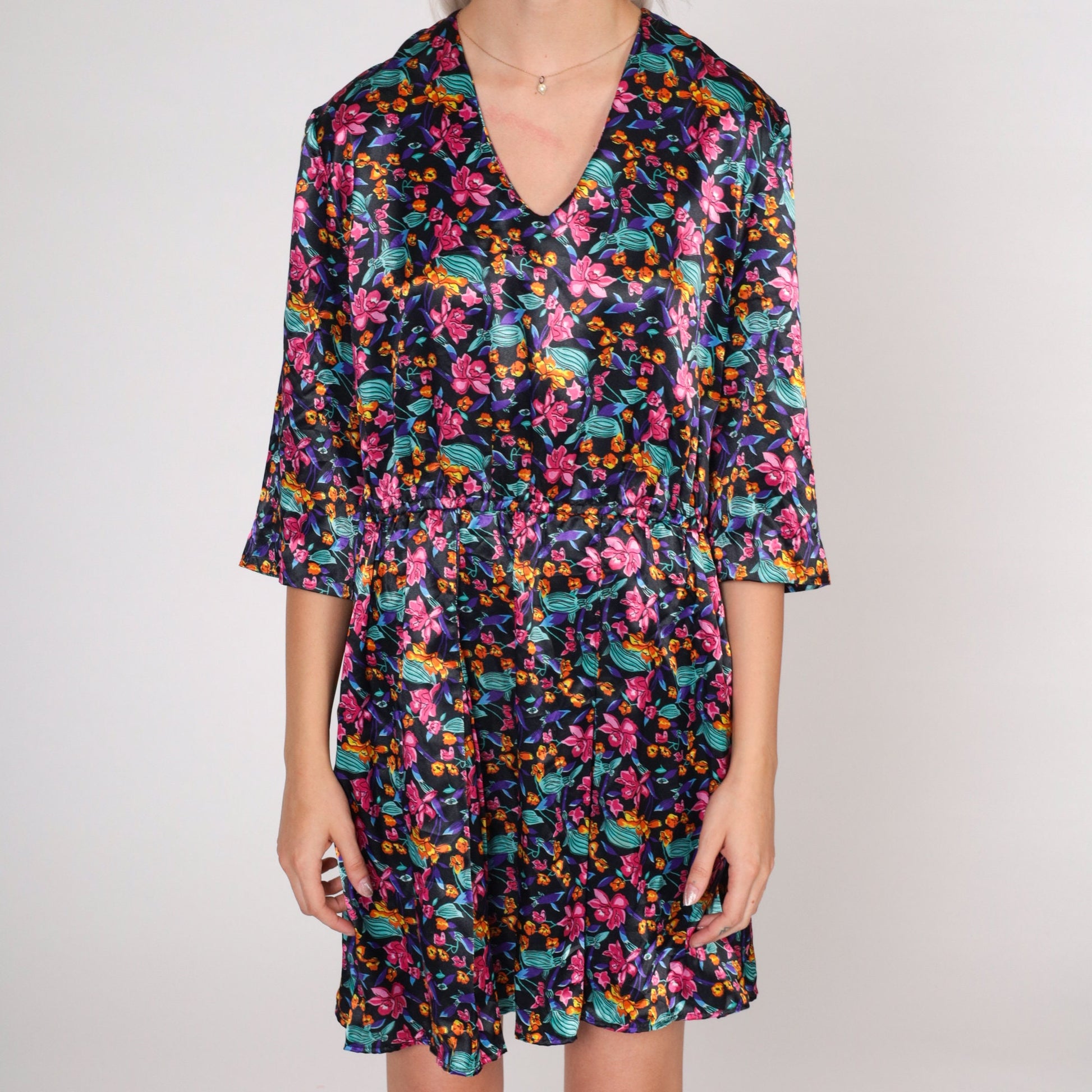 90s Black Floral Satin Mini Dress V-Neck Button Back Medium