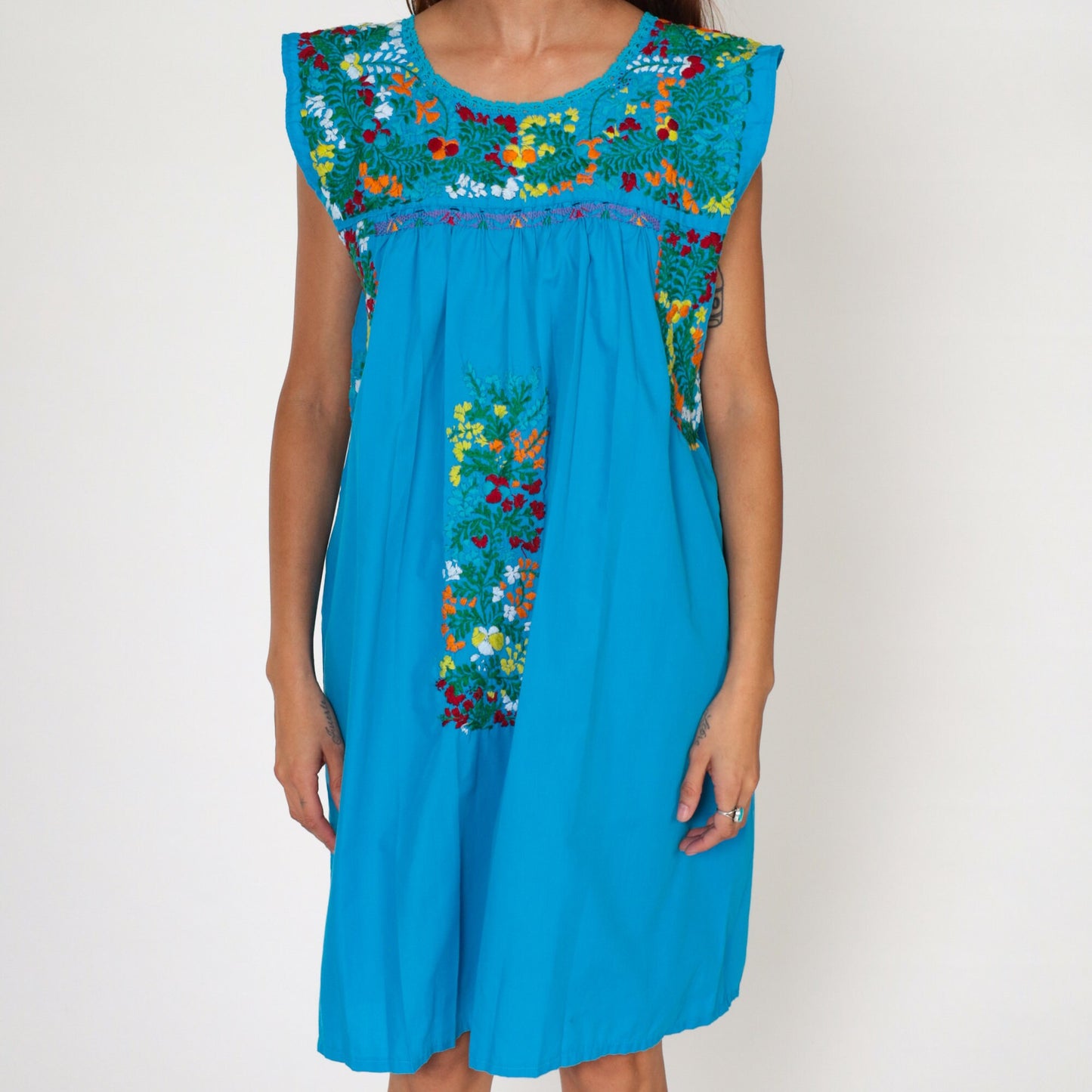 70s Mexican Oaxacan Embroidered Cotton Dress Turquoise Cap Sleeve Small Medium