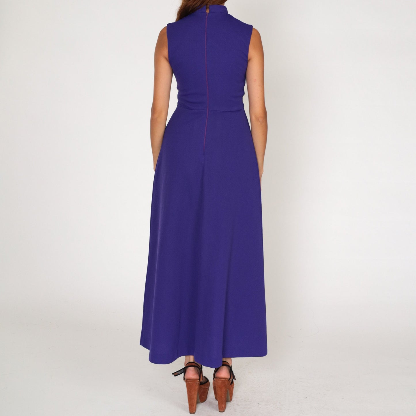 70s Purple Rhinestone Maxi Dress Empire Waist Mock Neck Sleeveless Small
