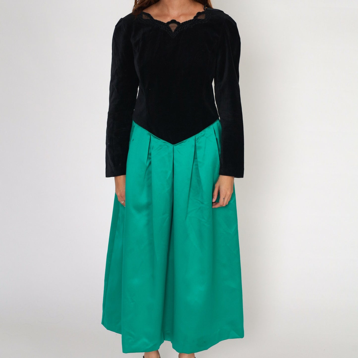 80s Susan Bristol Velvet Maxi Dress Black Green Basque Waist Long Sleeve Medium