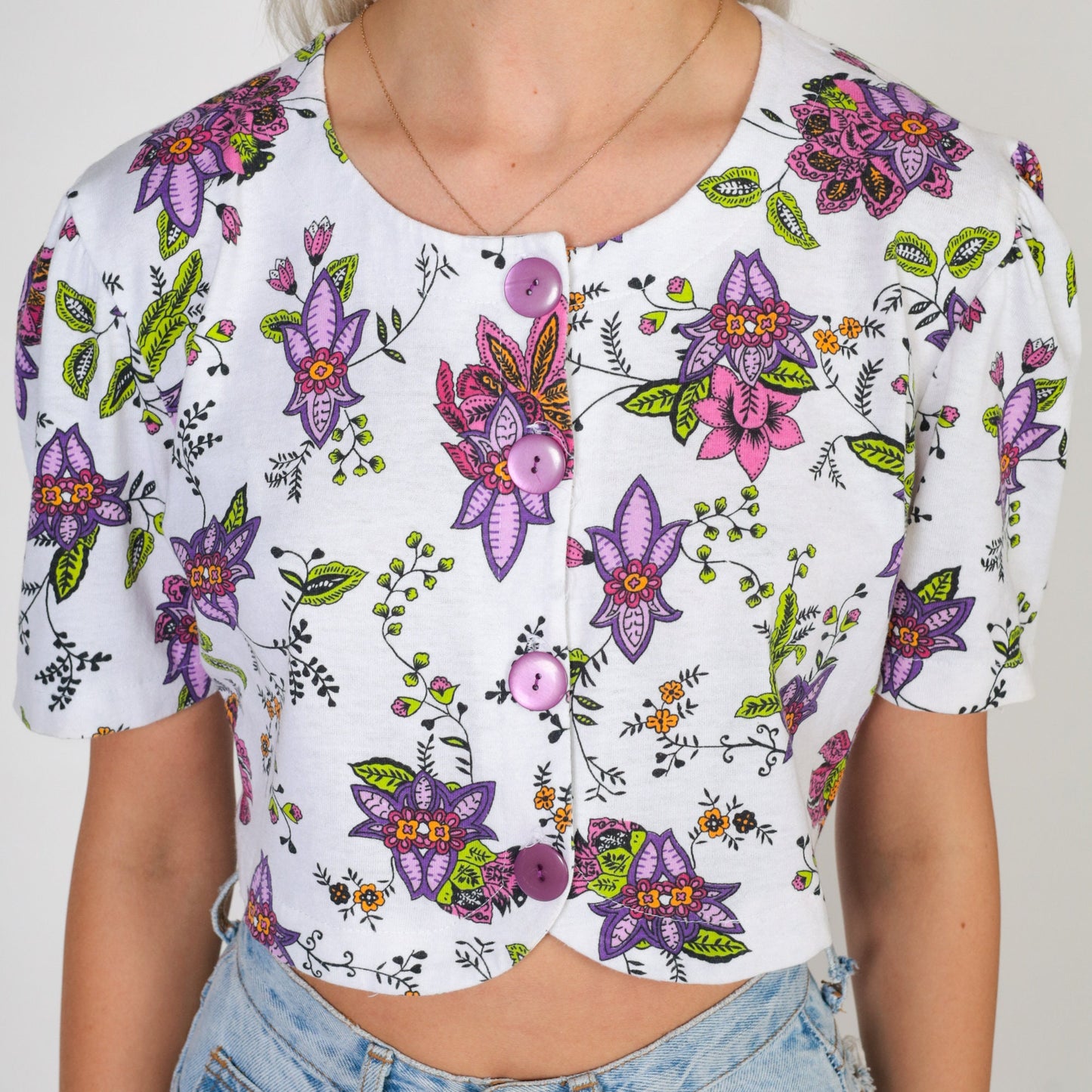 90s White Floral Crop Top Cotton Puff Sleeve Button Blouse Small