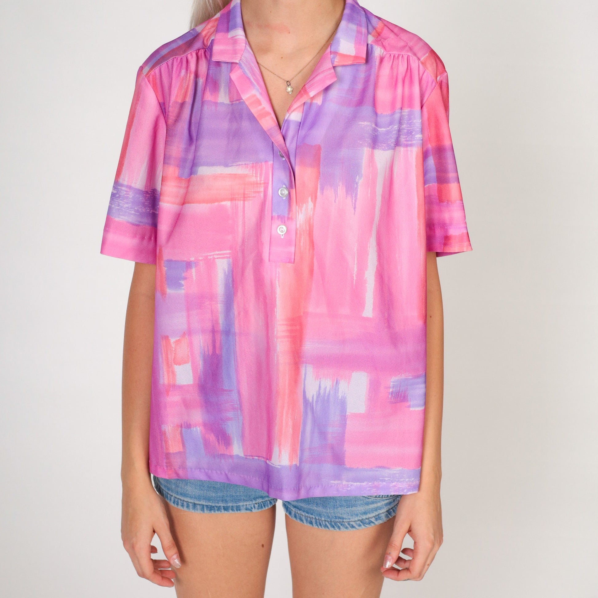 70s Brushstroke Print Collared Blouse Pink Purple Half Button V Neck Extra Large