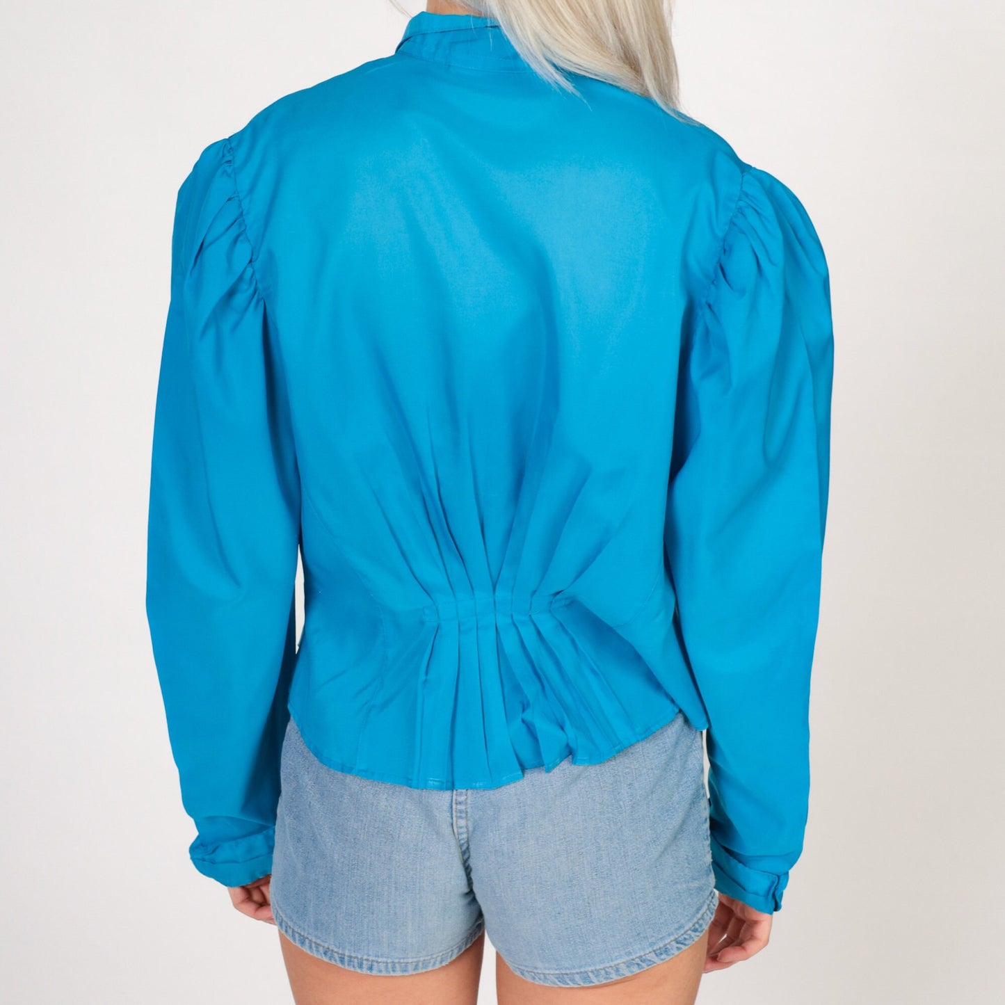 80s Blue Puff Sleeve Button-Up Blouse Peter Pan Collar Medium