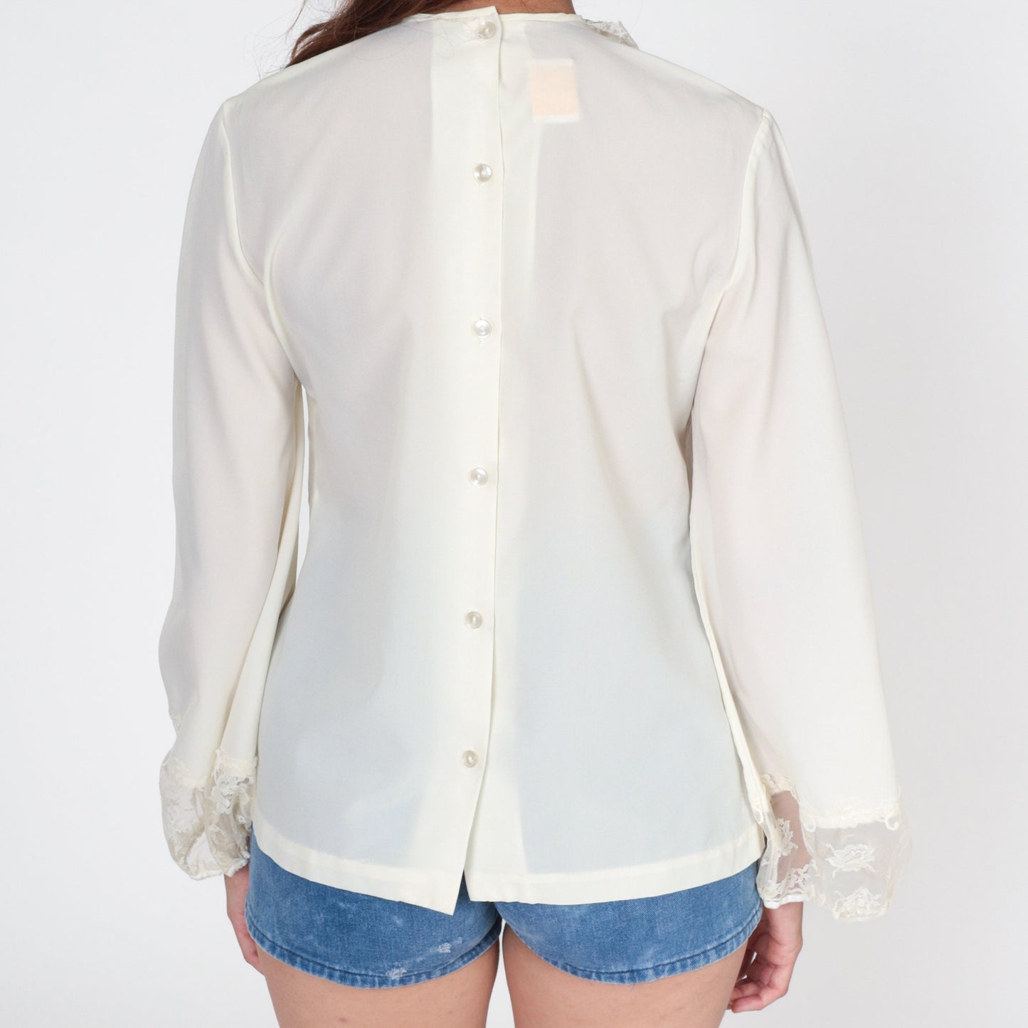 70s Off-White Lace Ruffle Tuxedo Blouse Button Back Long Sleeve Small