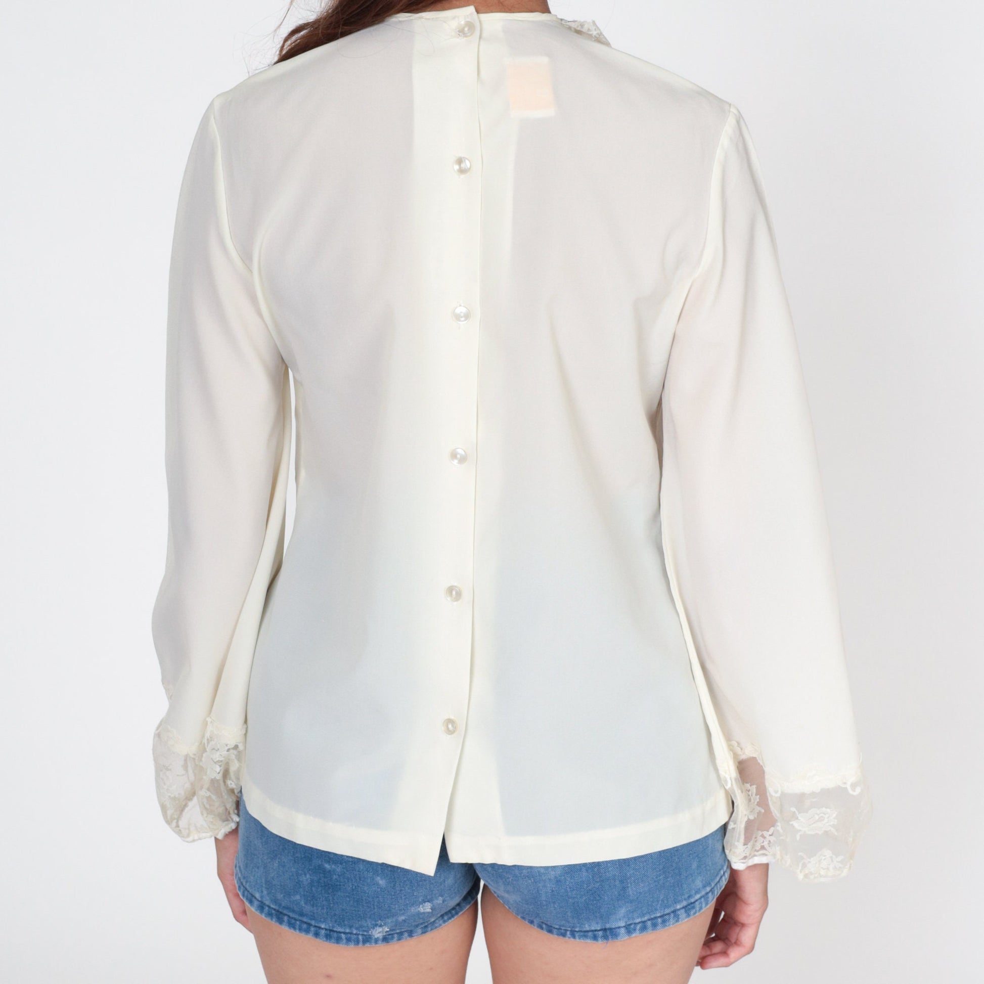 70s Off-White Lace Ruffle Tuxedo Blouse Button Back Long Sleeve Small