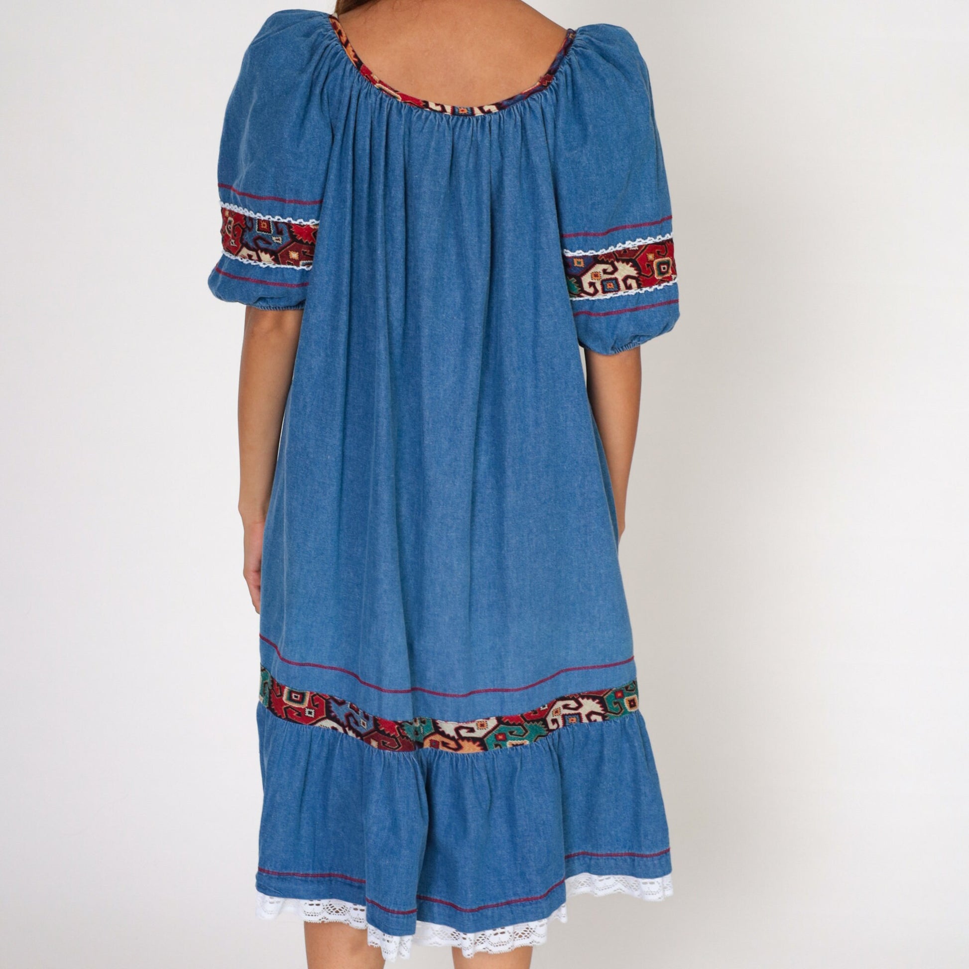 80s Appel Denim Midi Dress Puff Sleeve Southwestern Lace Trim Blue Medium