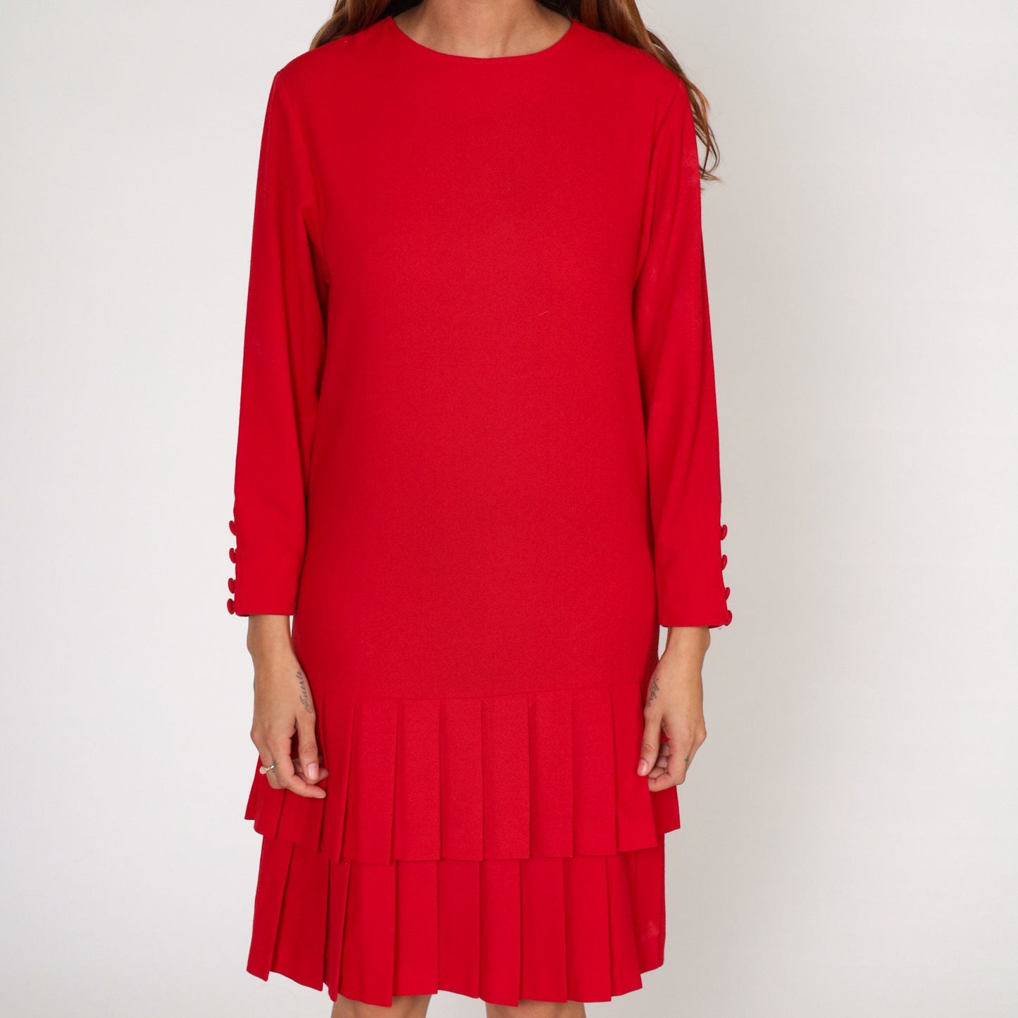 90s Red Mini Dress Drop Waist Pleated Tiered Long Sleeve Shift Small S