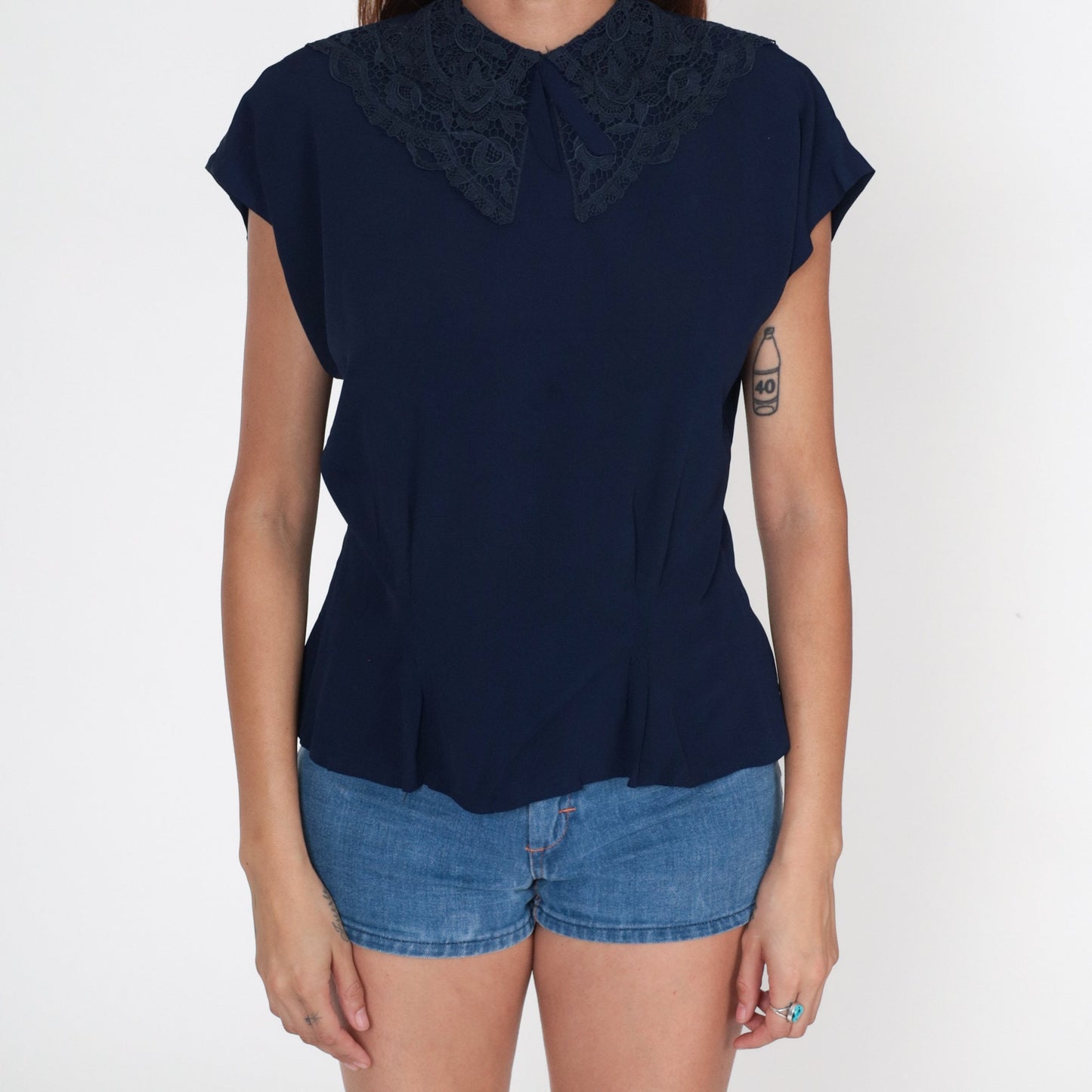 60s Navy Lace Collar Blouse Cap Sleeve Button Back Rayon Shirt Medium
